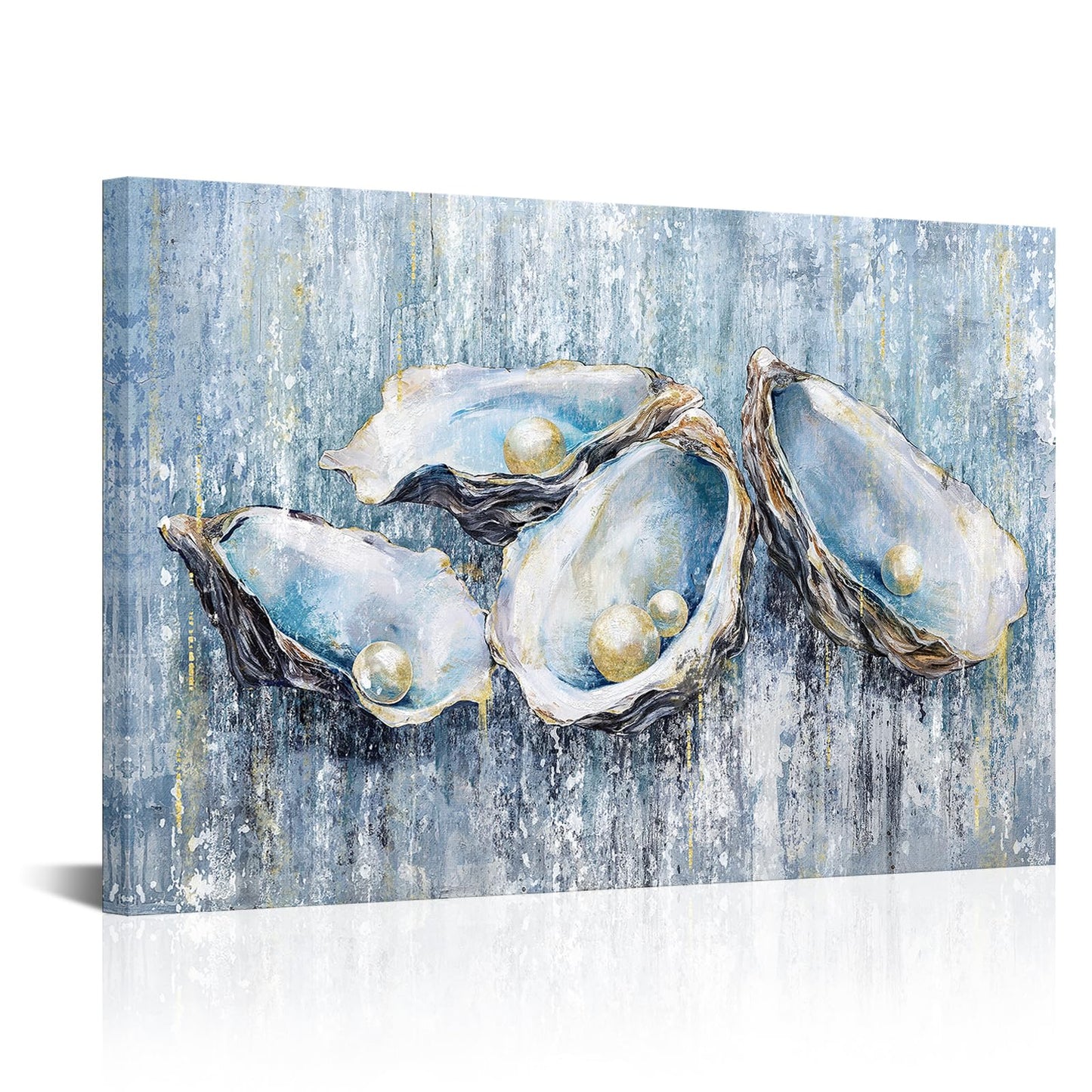 FuShvre Coastal Theme Wall Art Decor Oyster Shell with Pearl Canvas Painting Blue Prints Artwork for Bathroom Bedroom Stretched and Framed 36"x24" (L)