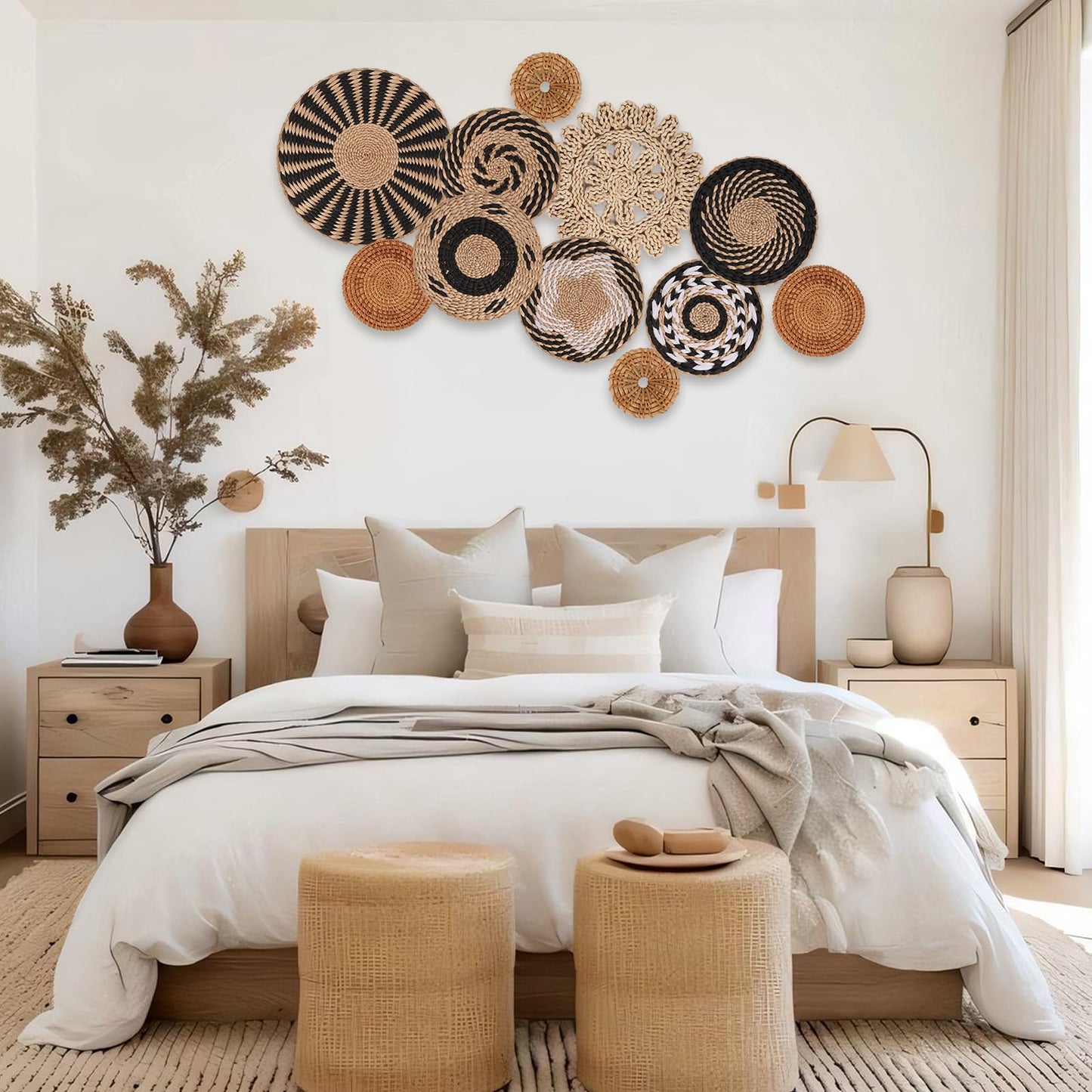 Boho Wall Basket Decor Set of 11 - Hanging Woven Bulrush Basket Wall Decor, Handcrafted Round Flat Baskets Wall Art, for Rustic Farmhouse、Home - Unique Rattan Wicker Wall Decor（Black Retro）