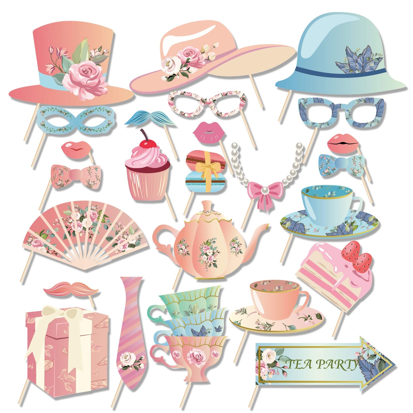 Tea Party Photo Booth 25PCS Party Supplies Holiday Picture Decorations Photo Booth Props for Party Favors Pose Sign Kit Fun for Party