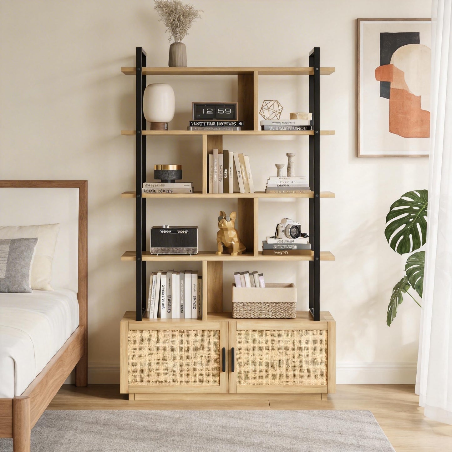 5 Tier Rattan Bookshelf with Storage Cabinet & Door, 71.1 Inch Tall Industrial Book Shelf with Open Display Shelves, 5 Shelf Bookcase with Metal Frame for Living Room, Bedroom (Wood)