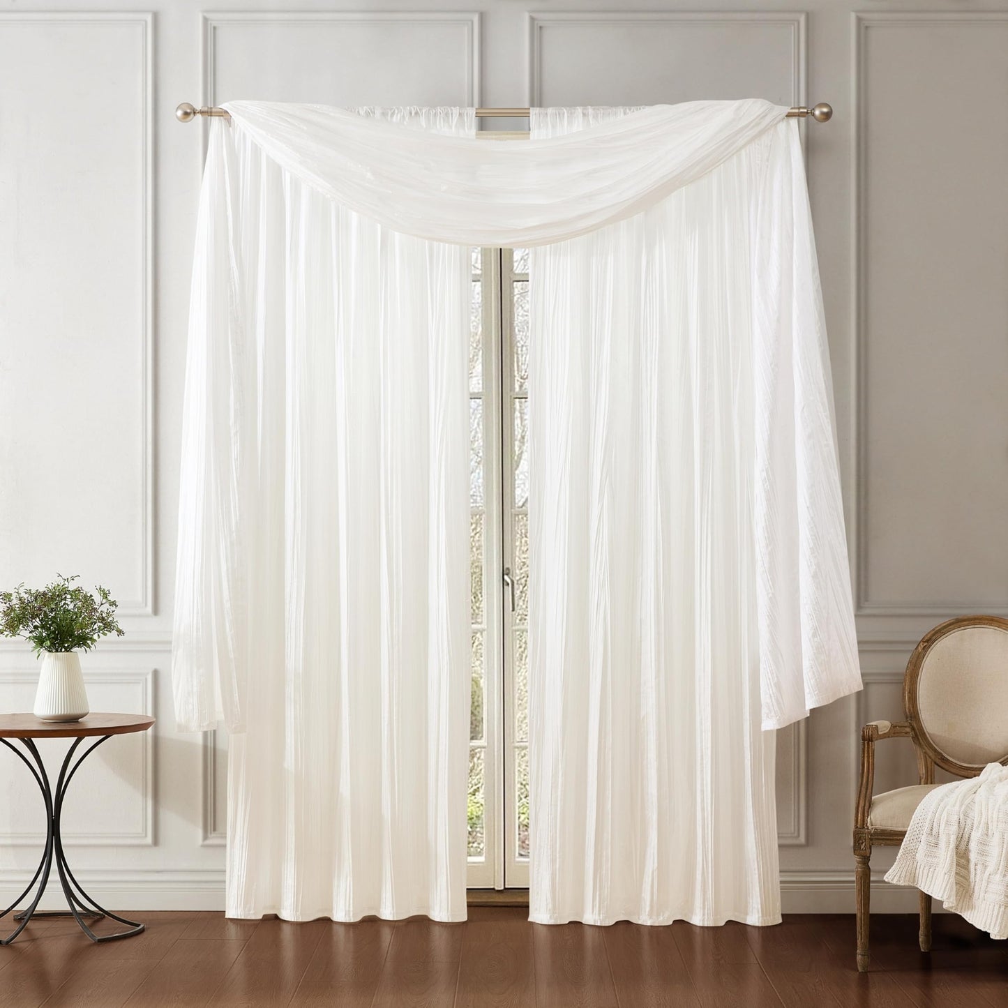 Elrene Home Fashions Athena Faux Crushed-Silk Window Curtain Panel and Valance Set, 52"x95" (2 Panels) & 1 Valance, White