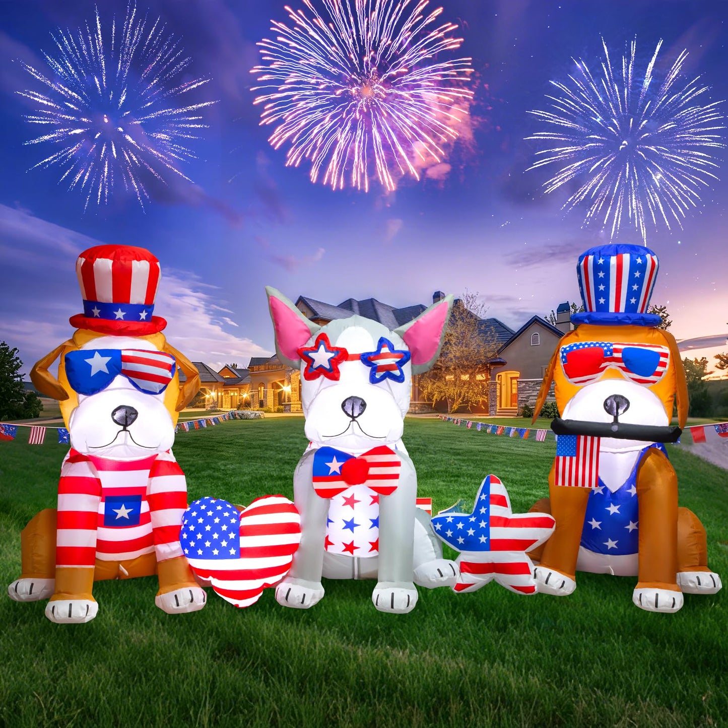 Spinosaurus 7FT 4th of July Inflatables Outdoor Decoration 3dog USA Flag Print Heart Star with LEDs Blow Up Independence Day Patriotic Holiday Yard Decorations