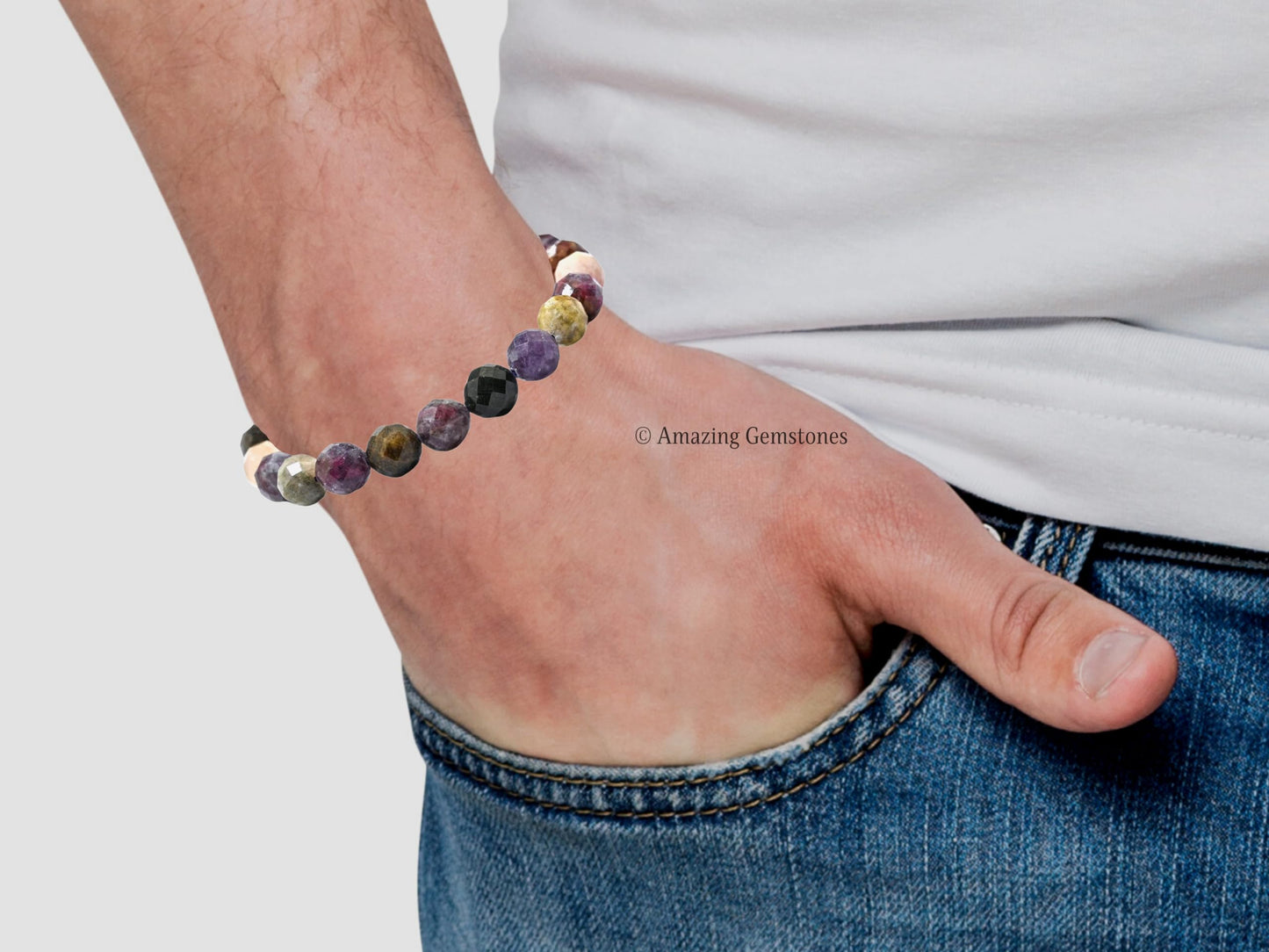 Amazing Gemstone Women's Multi Tourmaline Bracelet - Chakra Mens Bracelet Protection Crystals & Healing Stones - Blessing Bracelet Spiritual Meditation Gift (Faceted Beaded Bracelet, Adjustable)