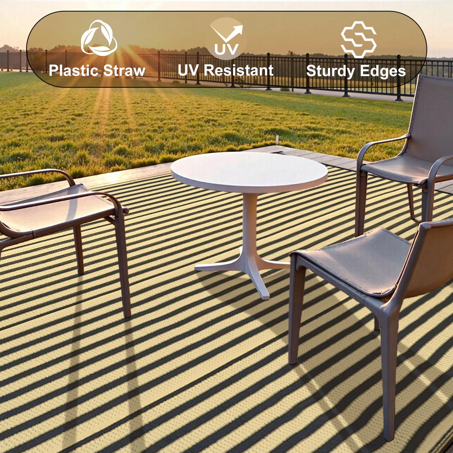 LEEVAN Waterproof Outdoor Rug 8x10 Black and Brown Patio Rug Clearance Large Plastic Straw Backyard Area Rug Striped Camping Outside Mat for Picnic, RV, Deck, Bench, Balcony