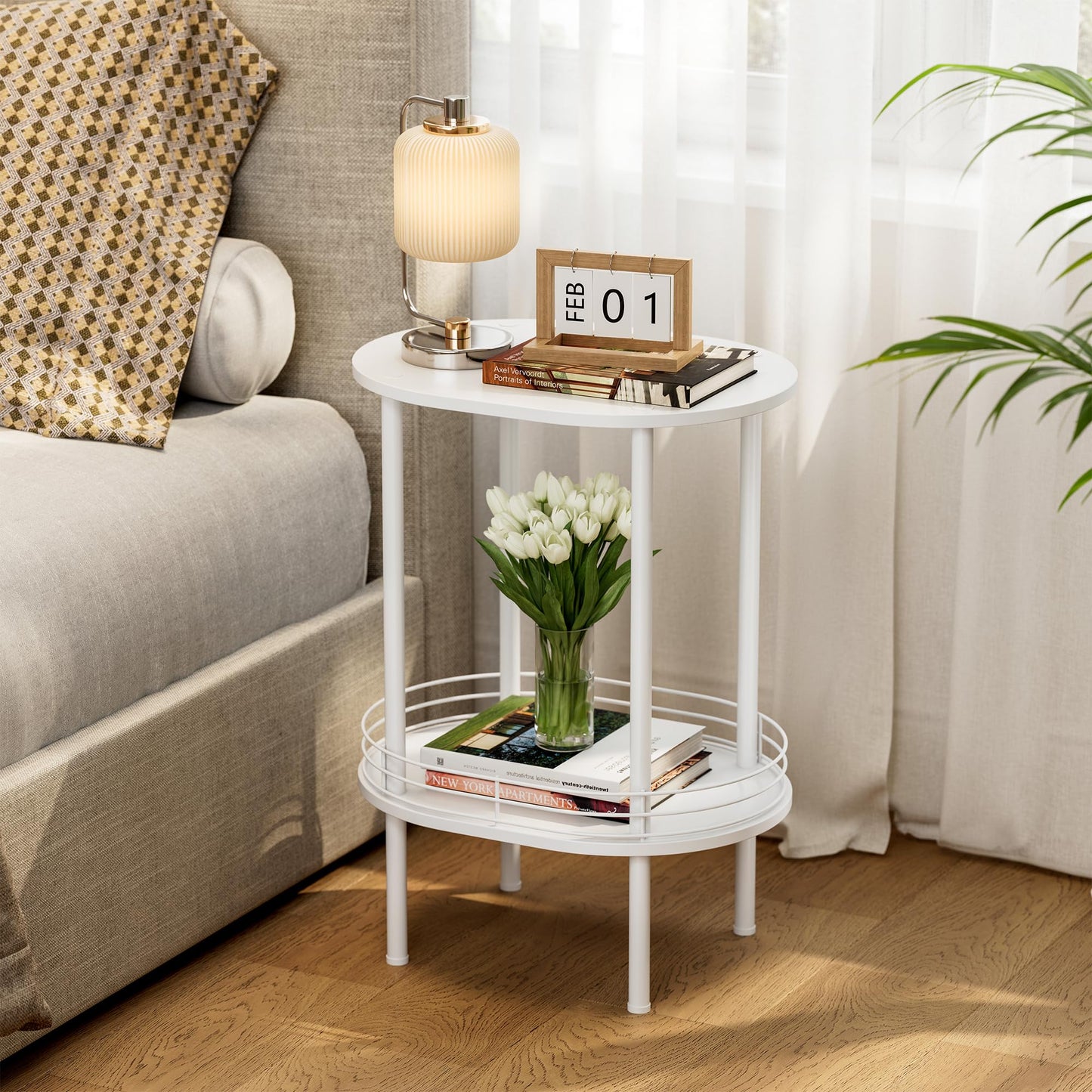 Small Modern Oval Side Table with Storage,2-Tier Side Tables Living Room,Sturdy Nightstand for Small Space - Living Room, Bedroom, Bathroom, Nursery (1PC,White)