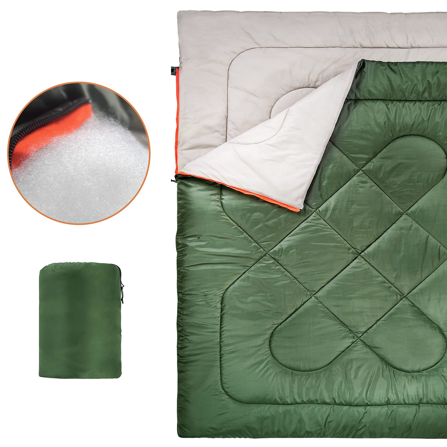Amazon Basics 40°F Cold Weather Two-Person Sleeping Bag for Outdoor Camping, Queen Size XL, 87" x 59", Olive Green