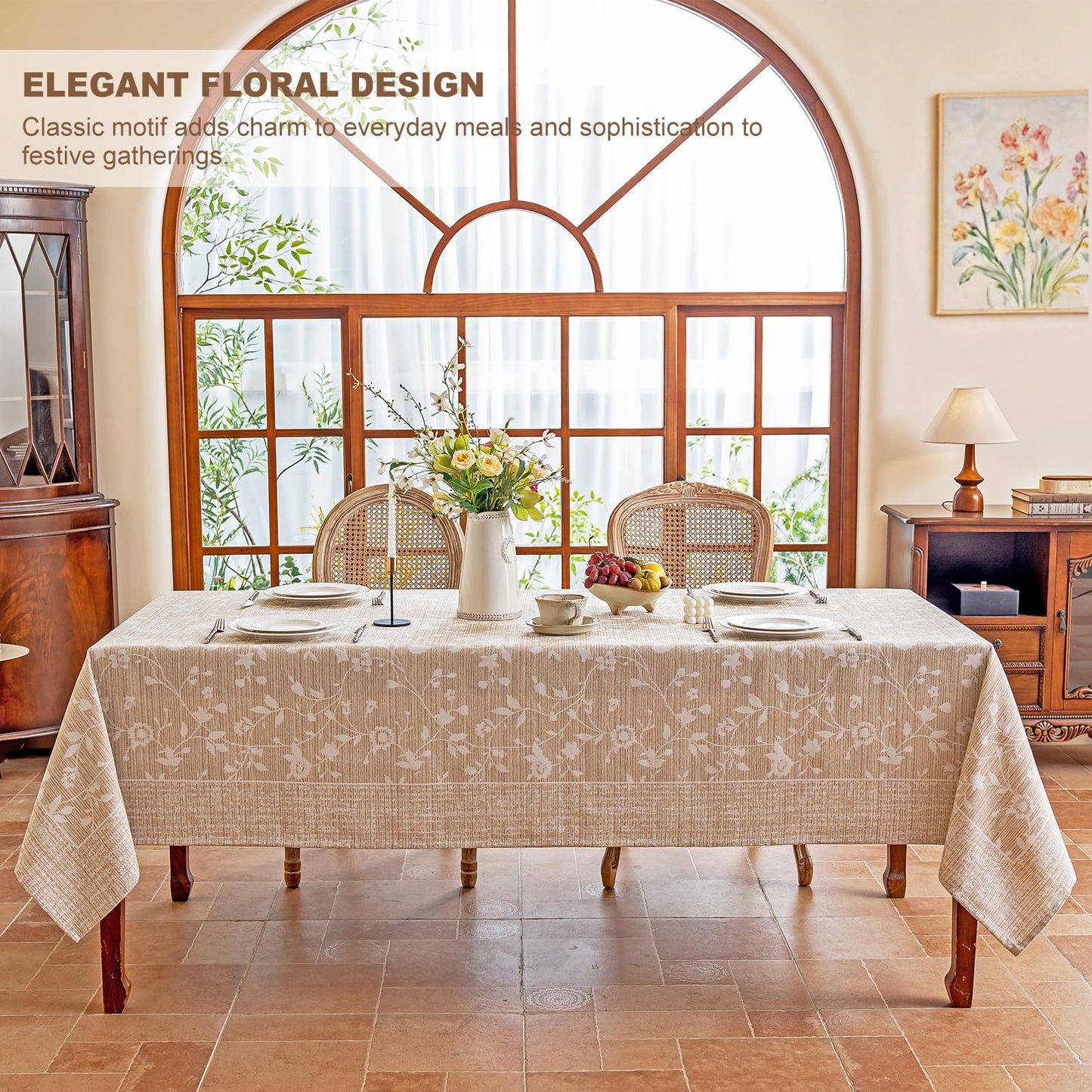 Midsummer Breeze Tablecloth for Rectangle Tables, Rustic Table Cloth Burlap Floral Tablecloth Farmhouse Kitchen Dining Table Cover, Soft Cloth Table Cloths (Beige, 60" X 75", 4-6 Seats)