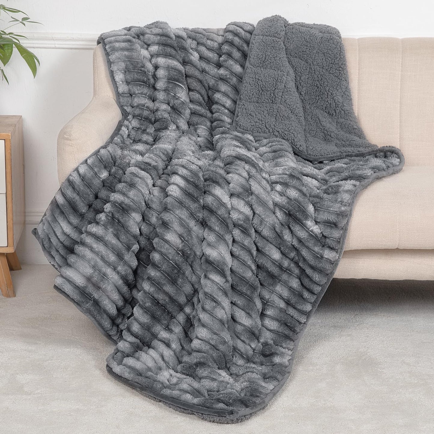 UINIU Sherpa Fleece Weighted Blanket with 3D Ribbed Stripes, 15 lbs Soft Flannel Heavy Throw Blanket for Couch Bed Sofa, Heavy Thick Blankets with Glass Beads, Great for Sleep, 48" x 72"