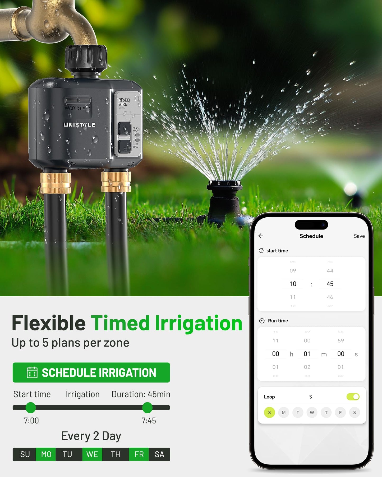 [All-New 2027] 1700FT WiFi Sprinkler Timer 2 Zone, Unistyle Smart Hose Timers Compatible Alexa & Google Voice and App Control, Water Timer for Garden Hose with Auto & Manual Modes for Garden Lawn