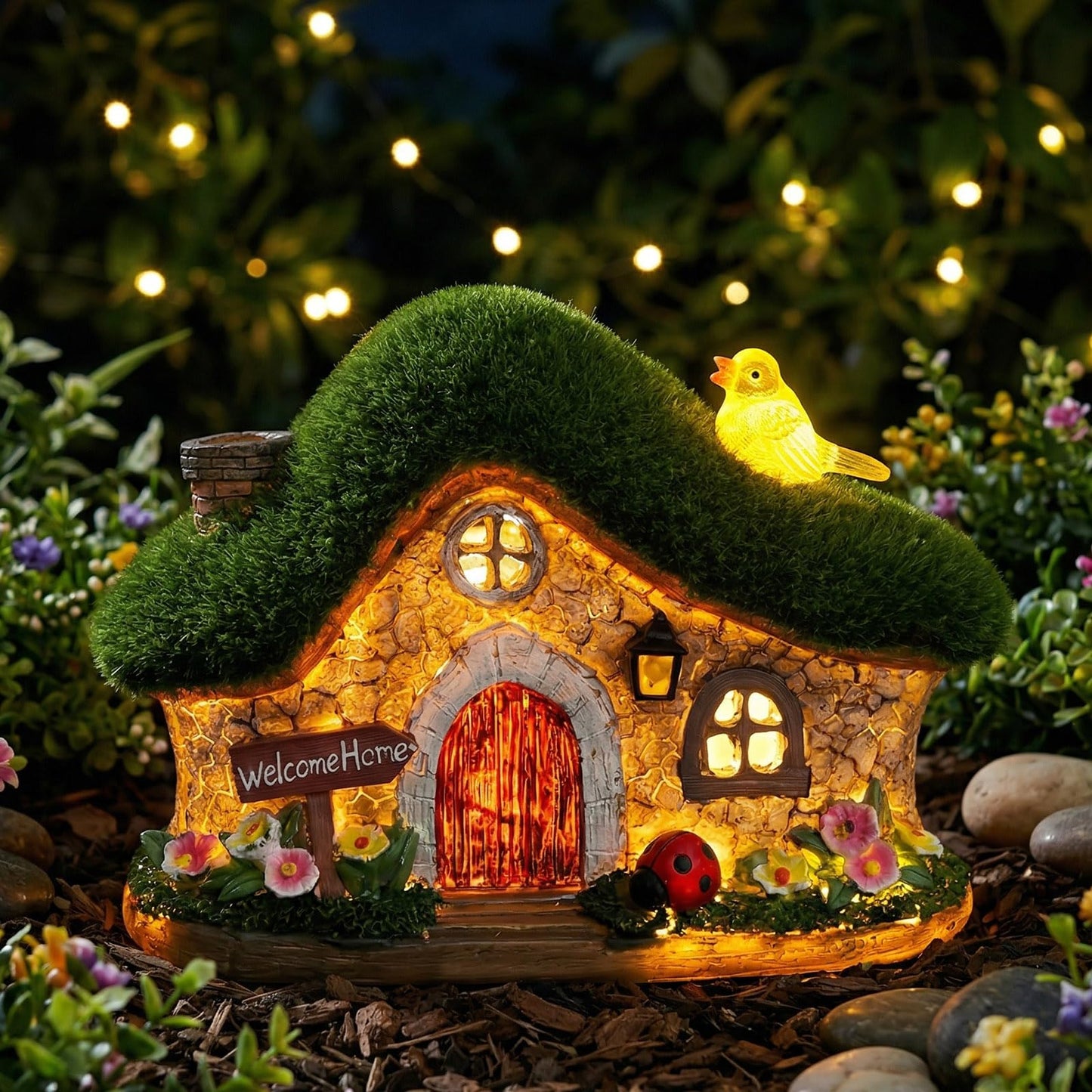 EKQ Resin Fairy House Statues with Solar Lights Outdoor for Garden Decor Funny Birds Ladybird Flocked Fairy House with Garden Figurine Patio Yard Lawn Decorations Gift for Mom Women (Green)