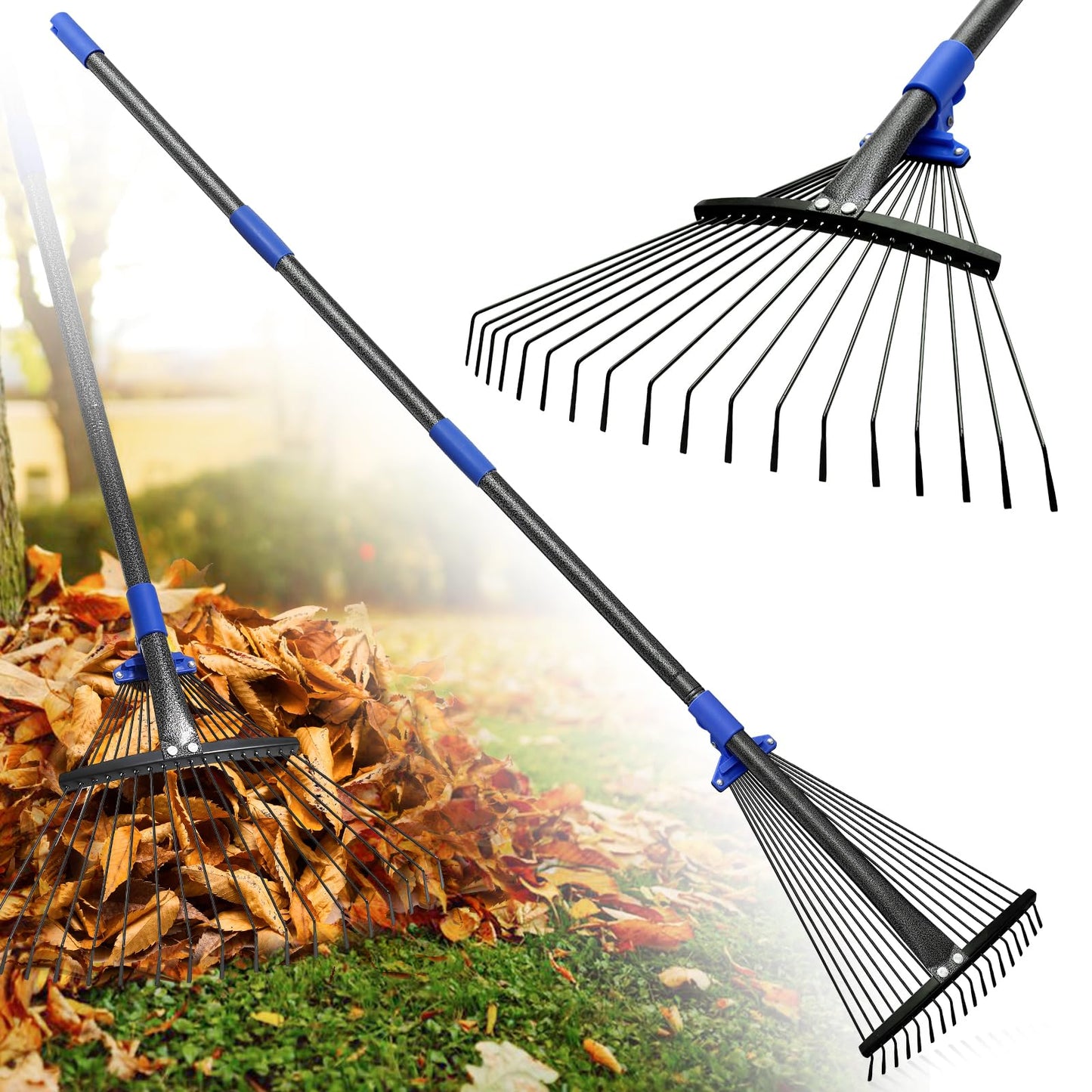 Rake for Leaves: Adjustable Metal Leaf Rake for Lawn, 8-17" Expandable Head, 45” Long Handle,Collapsible Heavy Duty Women Kids Garden Rakes for Yard Pine Needles Mulch Grass Debris Gardening Camping