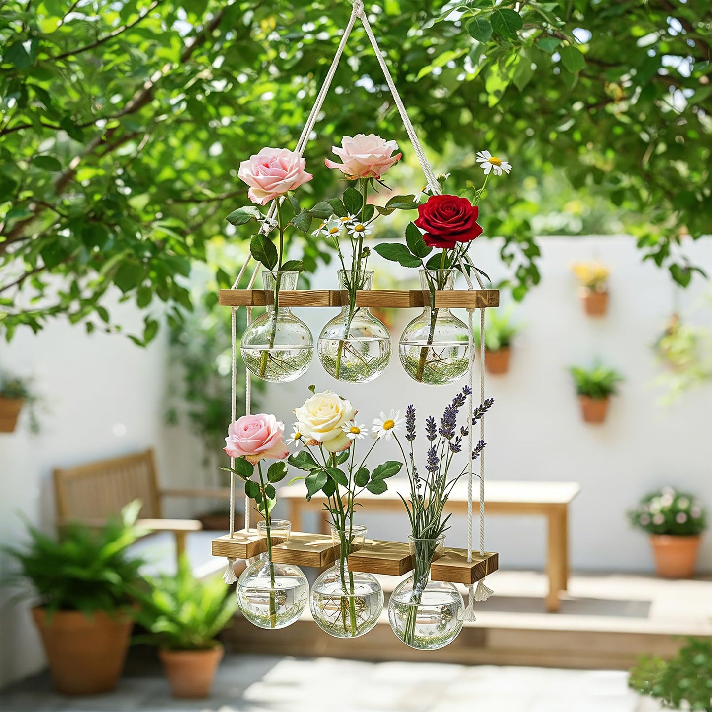 Renmxj Plant Propagation Station Wall Hanging, Plant Terrarium with 2 Tiered Wooden Stand for Hydroponics Plants, Unique Gardening Gifts for Women Mom Plants Lovers - 6 Bulb Glass Vases