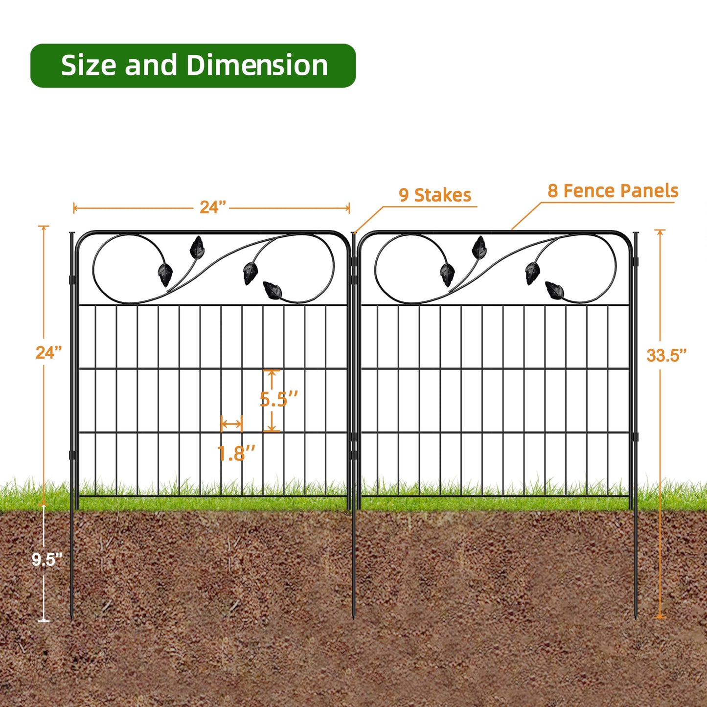 FOREHOGAR Decorative Black Garden Fencing 24in(H) X16ft(L) 8 Panels Metal Wire Edging Patio Landscape Flower Border Garden Fence for Dogs Animal Barrier for Outdoor