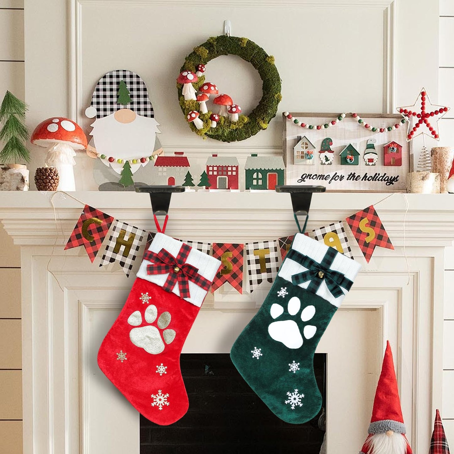 HMASYO Christmas Stocking Holders for Mantle Set of 2, Heavy Duty Cast Iron Stocking Hangers Base, Low Profile Weighted Stocking Holder Hooks for Fireplace Tabletop Shelf Christmas Decoration, Bronze