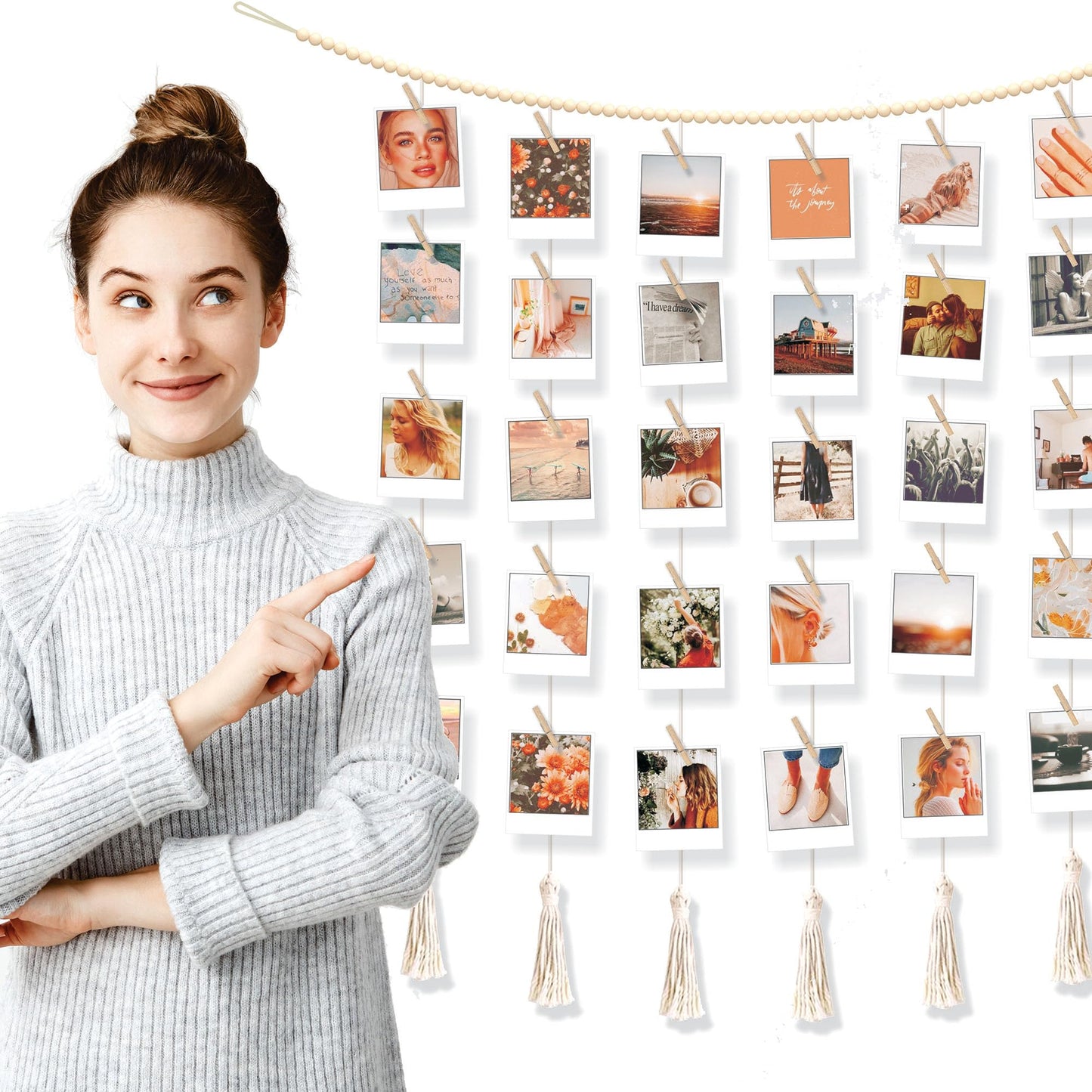 BIZYAC Hanging Photo Display with Clips Wall Boho Decor Beads Garland - Sculptural Picture Frames Collage - 30 Clothespins - 2 Non-Trace Hook - No Holes Drilling - 45 x 45 inch