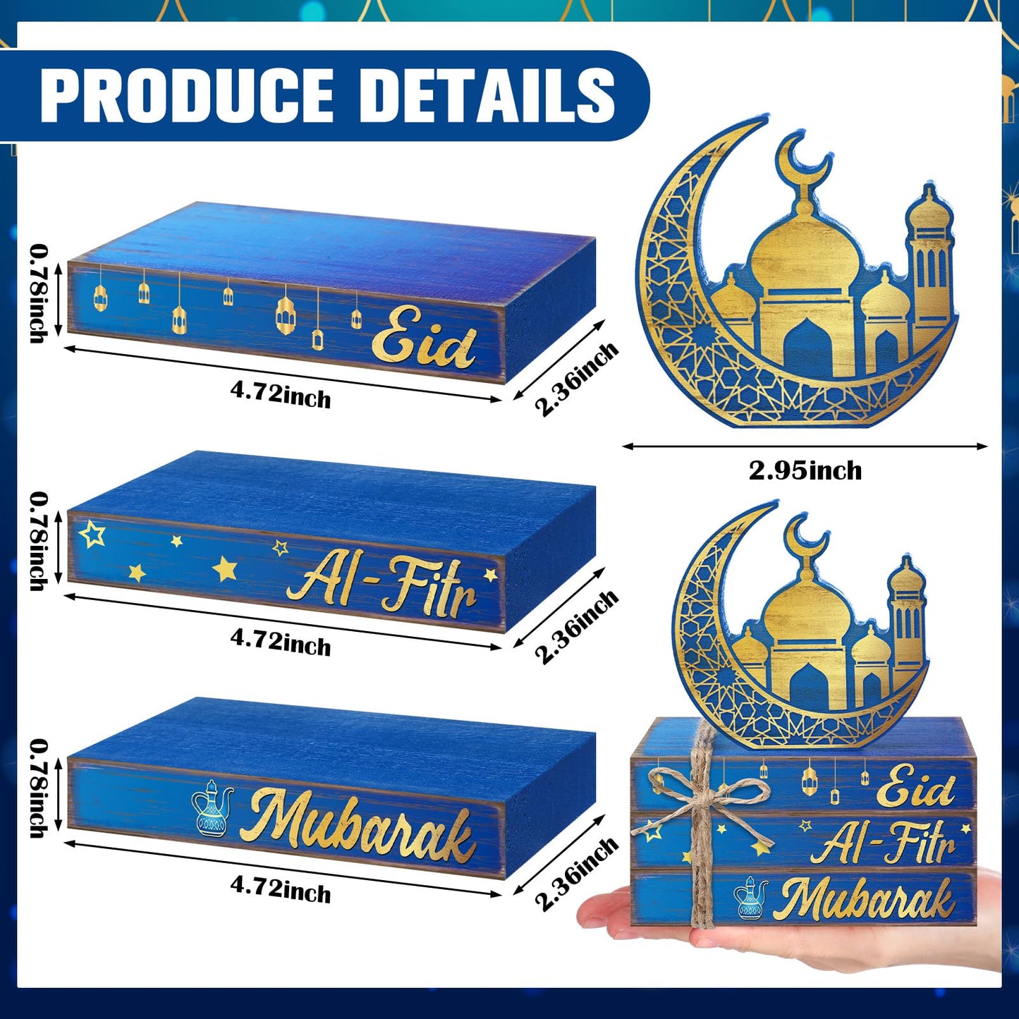 Geelin 4 Pcs Eid Mubarak Tiered Tray Decor Wooden Book Stack Signs, Blue Gold Islamic Crescent Moon Mosque Table Centerpiece for Ramadan Home Shelf Coffee Bar Mantel Decorations