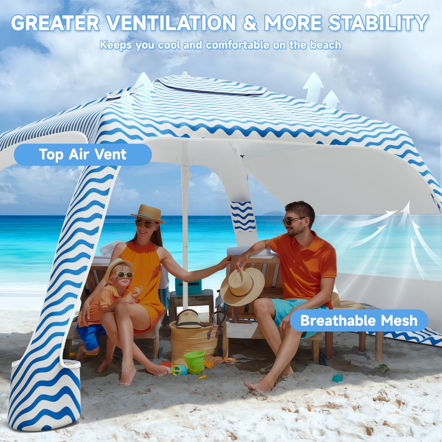 Beach Cabana with 4-Corner, UPF50+ Beach Canopy, Adjustable Height Beach Tent Sun Shelter, Sun Umbrella with Removable Side Wall, Shade Sun Shelter for Beach, Garden, Camping (Wave Pattern)