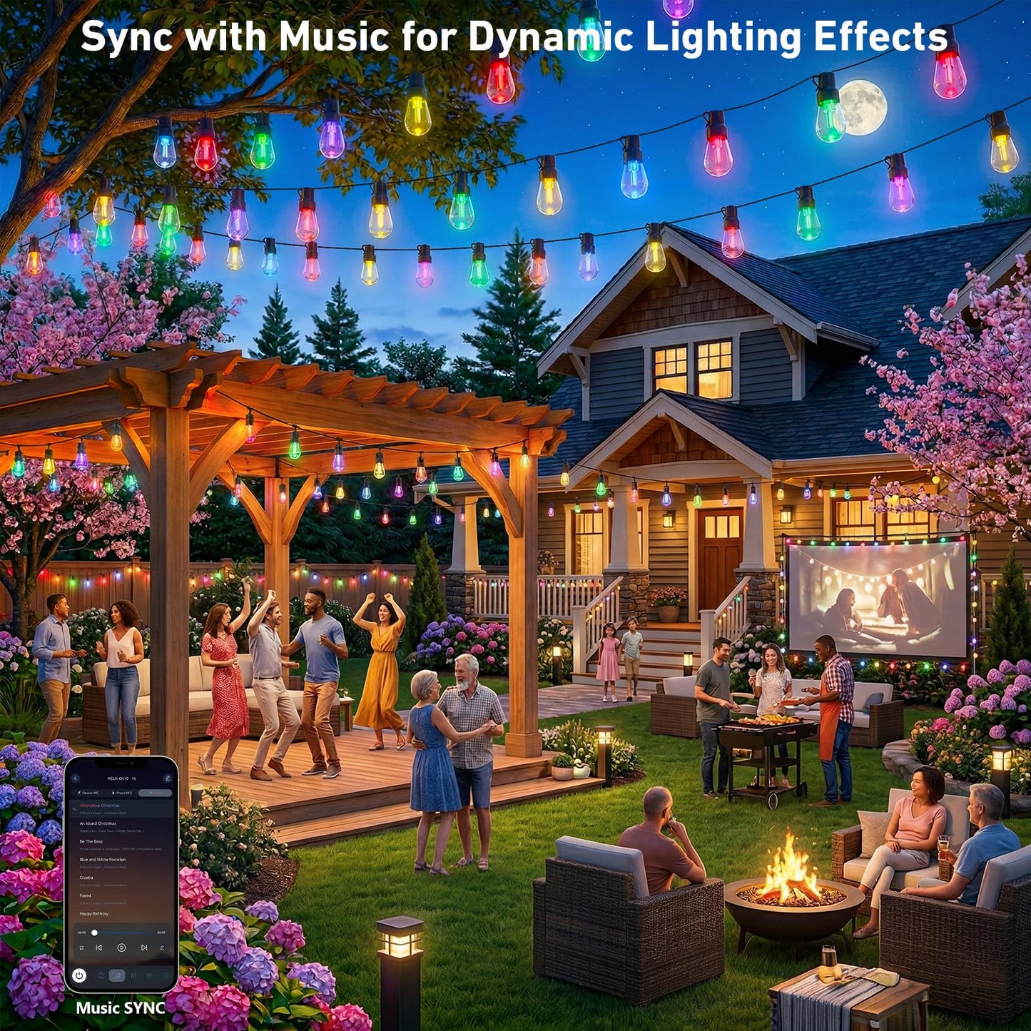 Outdoor String Lights,200FT Smart RGB+IC Patio Lights with Shatterproof LED Bulbs ,Outside Light Dimmable Patio for Decor DIY IP67 Waterproof ,Courtyard, garden,Holiday,LED lights more Scene Modes