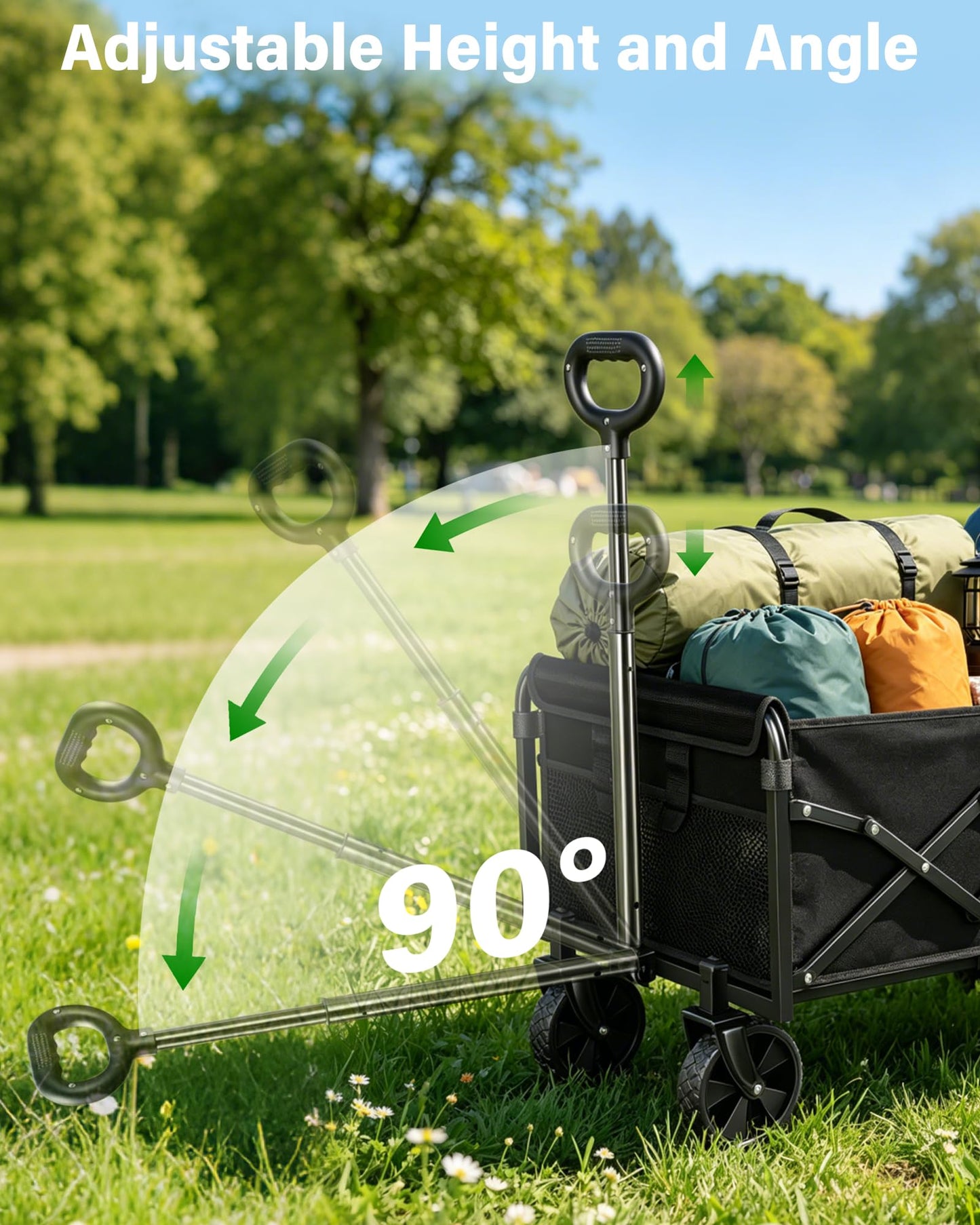 Collapsible Wagons Carts Foldable Wagon, Foldable Wagon Cart with Wheels, Folding Wagons for Beach Camp Sports Garden, 2 Cup Holders/Lightweight Portable/Black/360 LBS