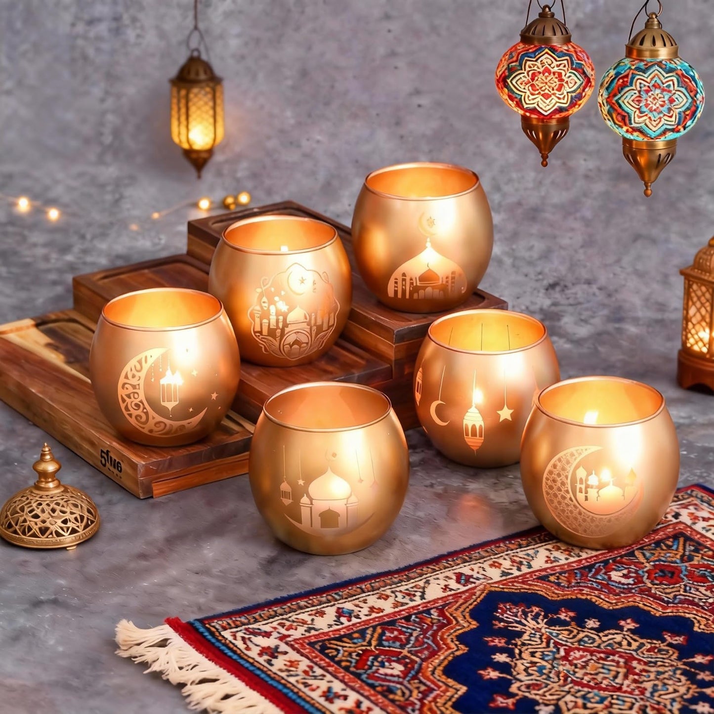 Gold Ramadan Decorations for Home Set of 6, Mosque & Crescent Moon Glass Tealight Candle Holders, Star & Lantern Votive Holders for Ramadan Table Decor, Elegant Eid Mubarak Islamic Gifts