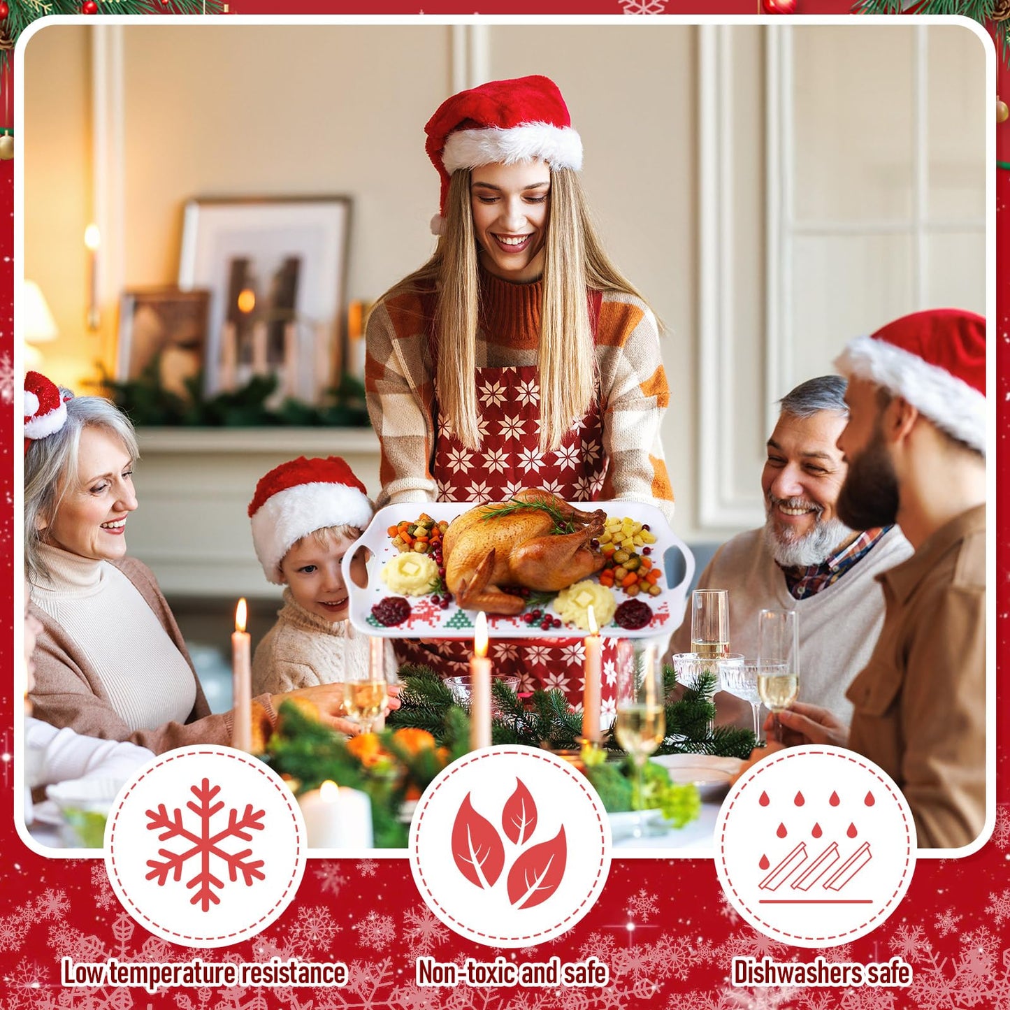 Bokon 4 Pcs Christmas Serving Trays with Handles 16"x 11" Large Christmas Platters Serving Dish Rectangular Xmas Tree Winter Holiday Food Tray for Snack Cookie Candy Dessert Plate Party(Classic Xmas)
