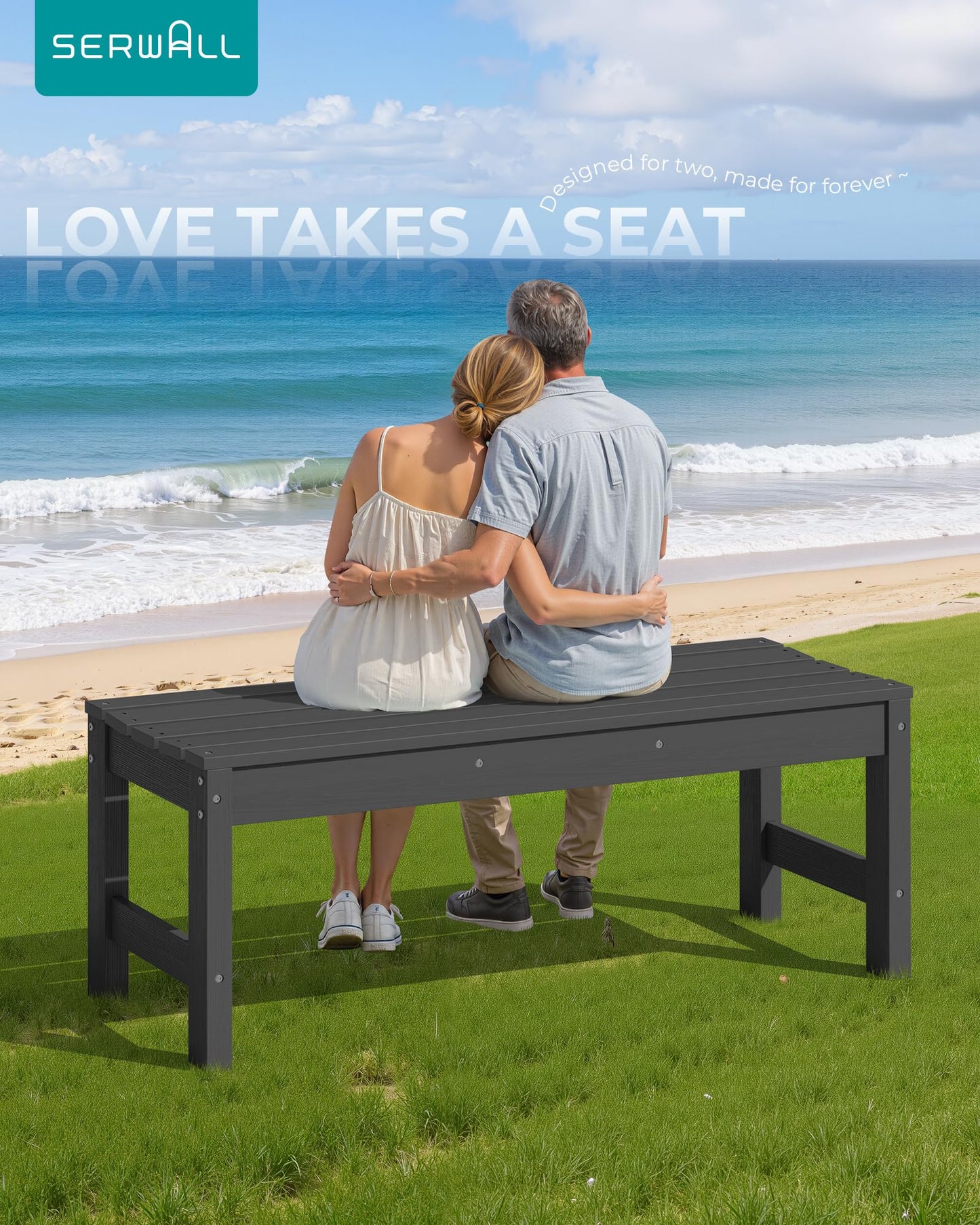 SERWALL 47 Inches Outdoor Bench, All Weather HDPE Backless Bench with Wood Grain Texture for Garden Porch and Park, Curved Bench Seat for Comfort, Black