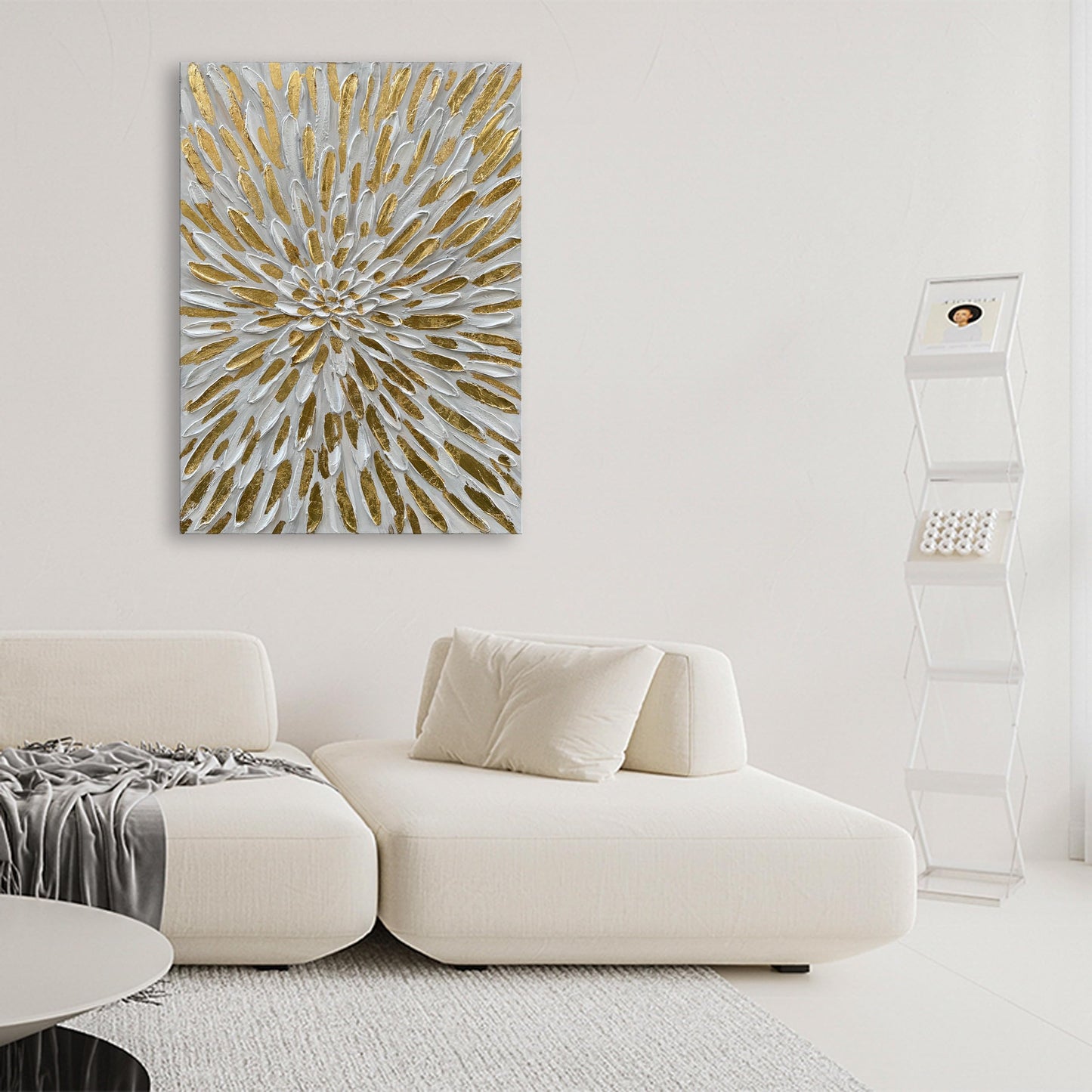Diathou Art Hand-Painted Gold Texture Oil Painting White Flowers Modern Abstract Art Painting 45x30 inch Home Wall Decorative Art