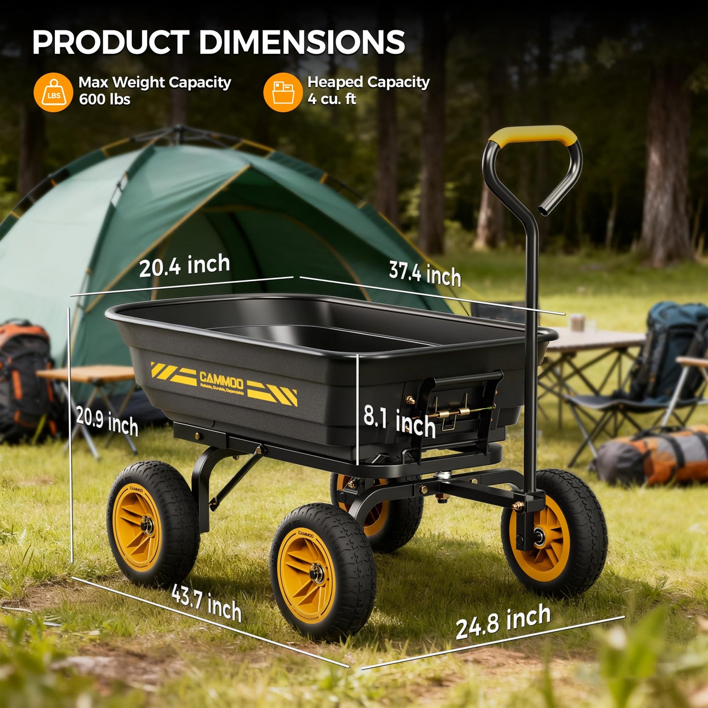 CAMMOO 10-in NO-FLAT TIRES 600lb Heavy-Duty Garden Dump Cart 4 Cu.Ft. Utility Wagon with Quick-Release Dumping & Prime Grade 100% Virgin Polypropylene - Not Recycled Material for Landscaping Gardening