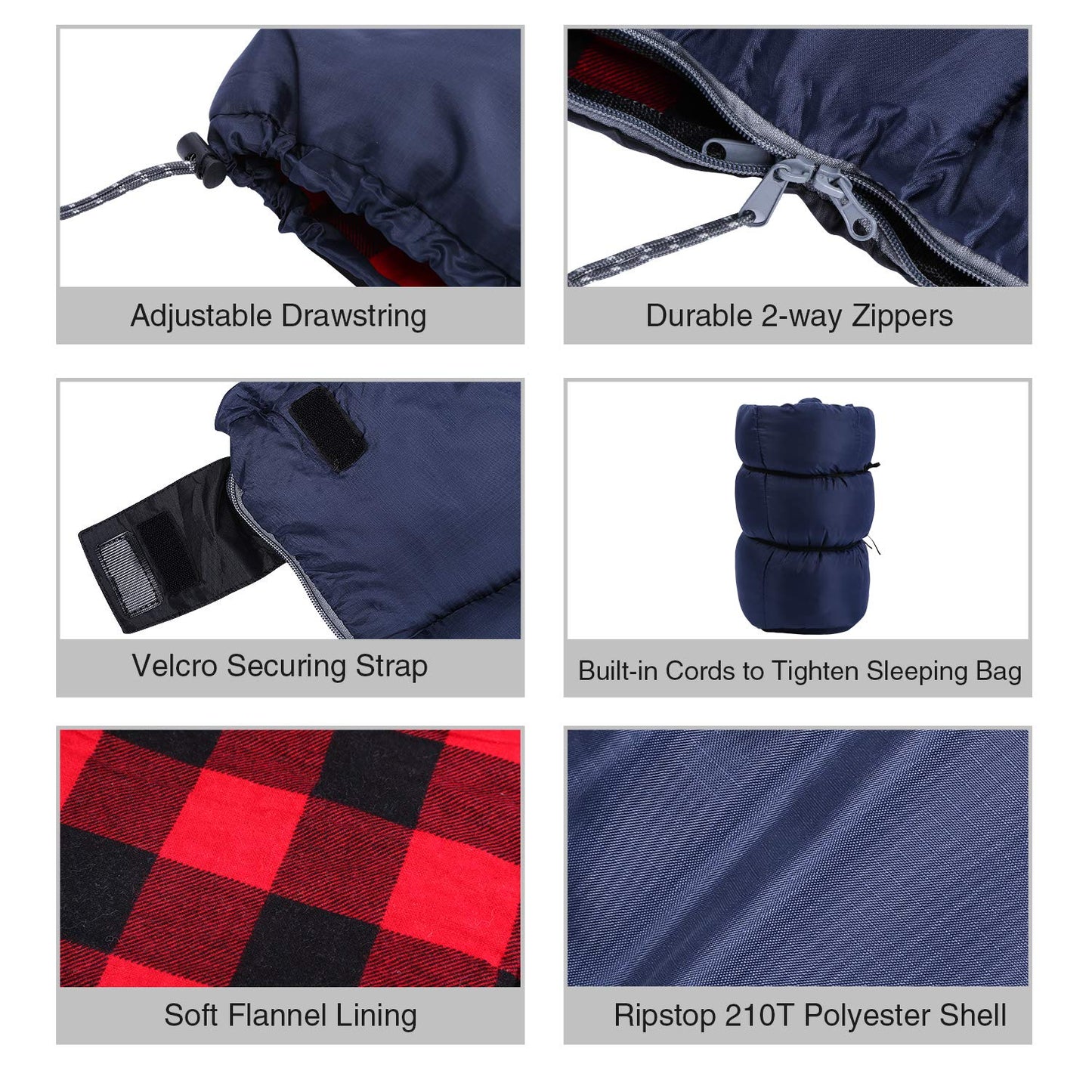 REDCAMP Cotton Flannel Sleeping Bag for Adults, XL 32/41/50F Comfortable, Envelope Sleeping Bag with Compression Sack, Red Plaid 2lbs(79"x33")