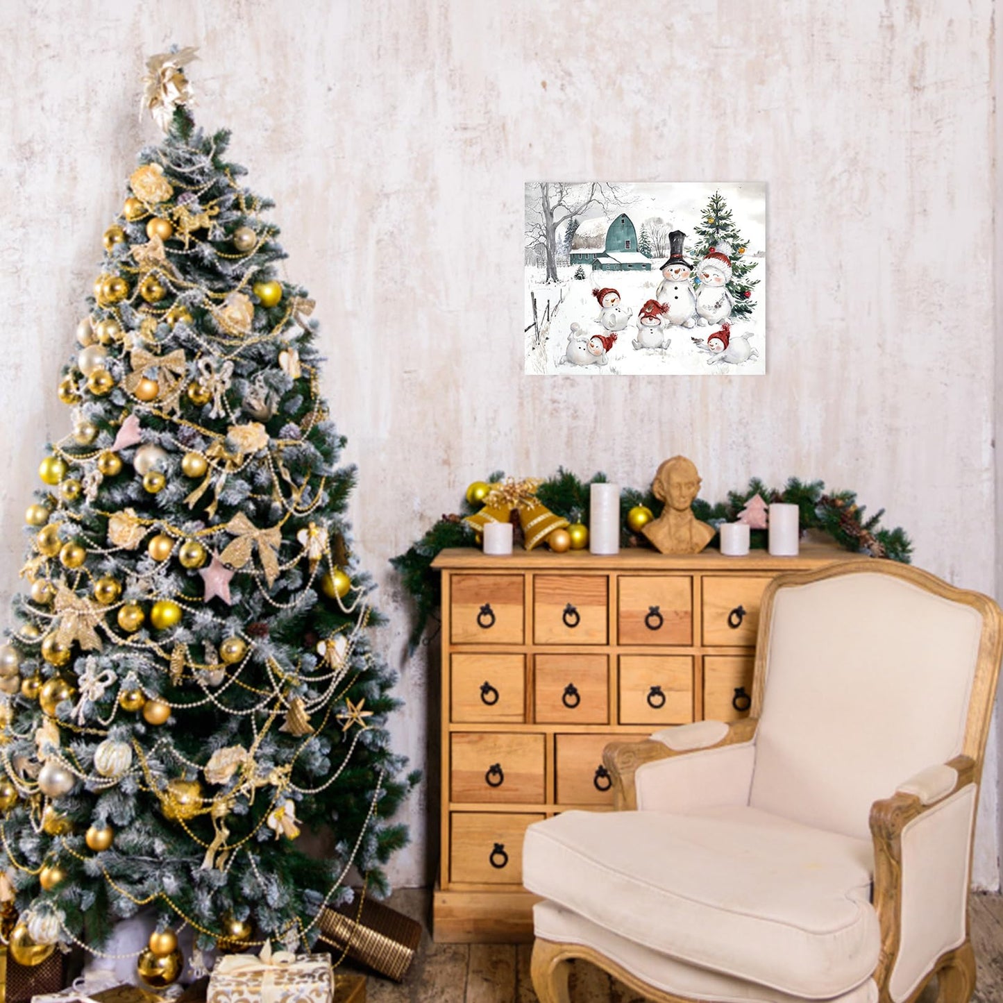 Snowman Christmas Pictures Wall Decor: Christmas Canvas Wall Art Winter Snowman Family Poster Blue Barn Prints Paintings Farmhouse Christmas Decorations for Home Bedroom Living Room 10" x 12"
