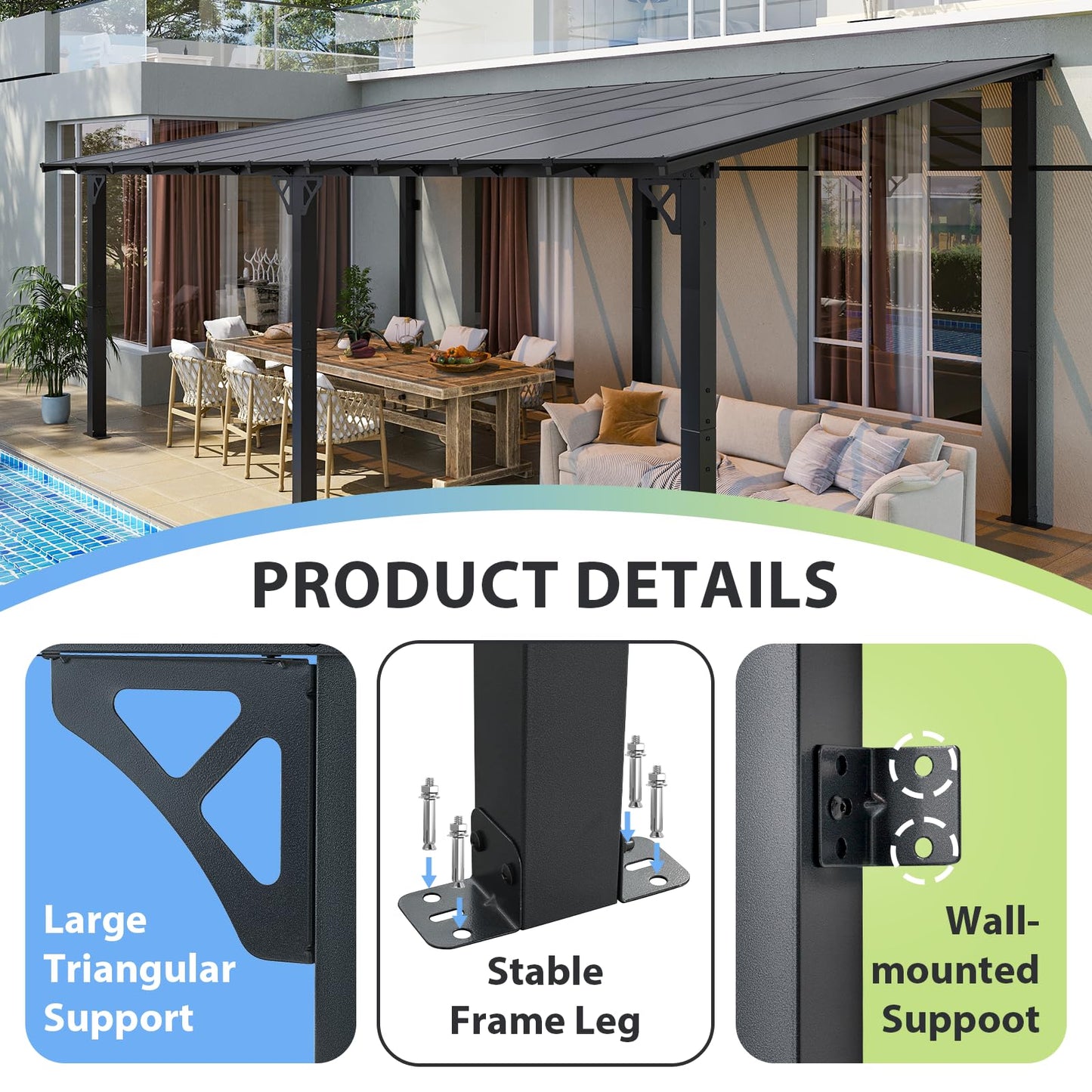 Aoxun 20'x10' Gazebo for Patio, Premium Pergola with Sloped Roof, Large Wall-Mounted Heavy Duty Awnings, for Backyard, Patio, Deck and More