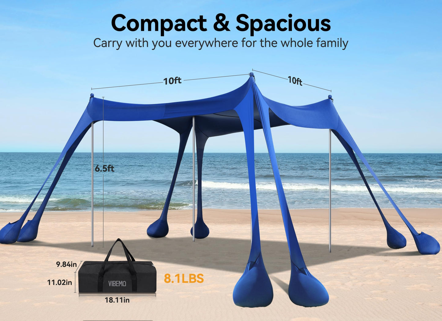 Vibemo Beach Tent, Beach Canopy Sun Shade with UPF50+ UV Protection, 10x10ft, Includes 8 Sandbags, Sand Shovel, Ground Pegs & 4 Stability Poles, Pop Up Sun Shelter for Camping, Picnics, Backyard Fun