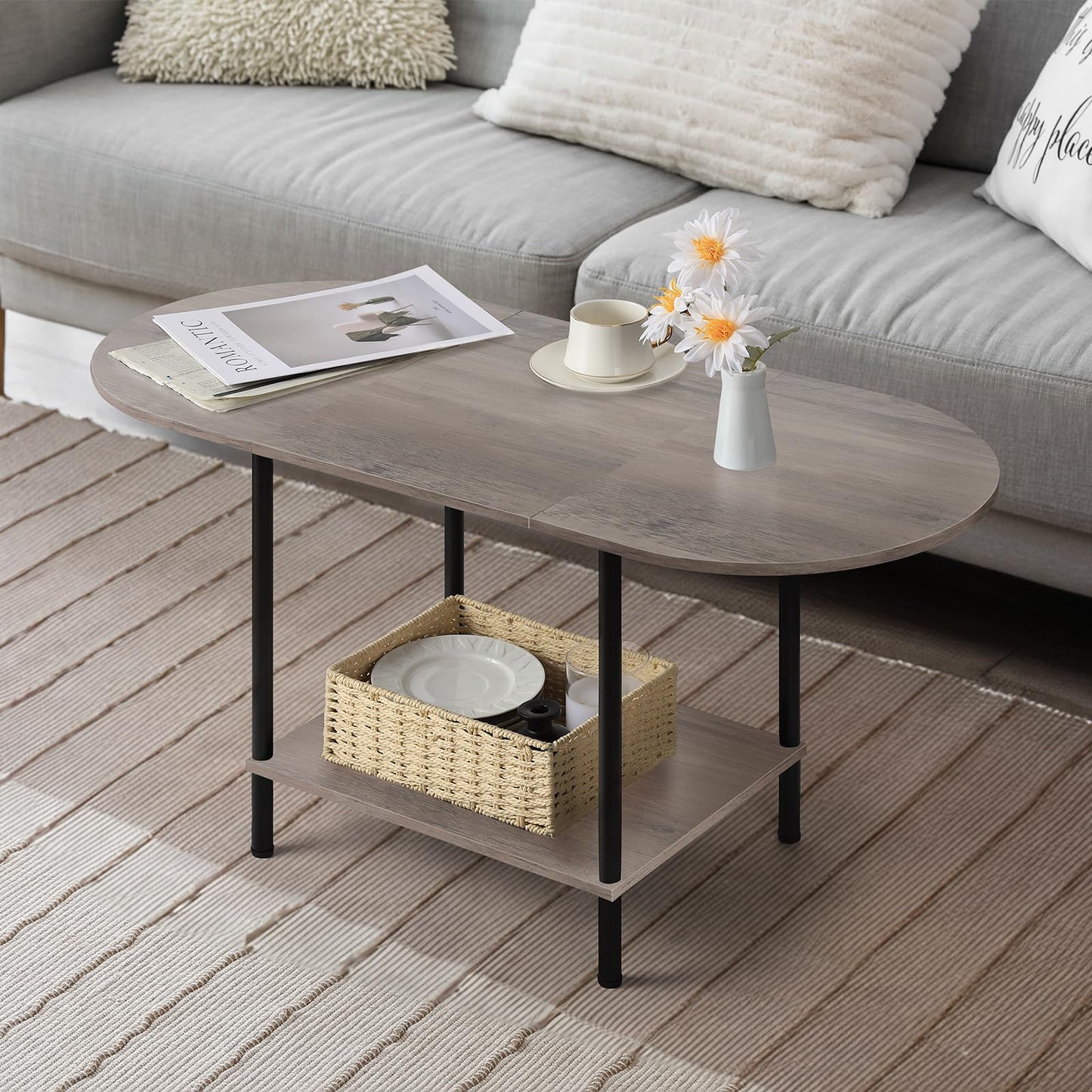 Shinoske Coffee Tables for Living Room,2-Tier Small Oval Center Table Industrial Modern Style Coffee Tables with Storage Shelf and Wood Tabletop for Small Space,Home Office,Rustic Grey