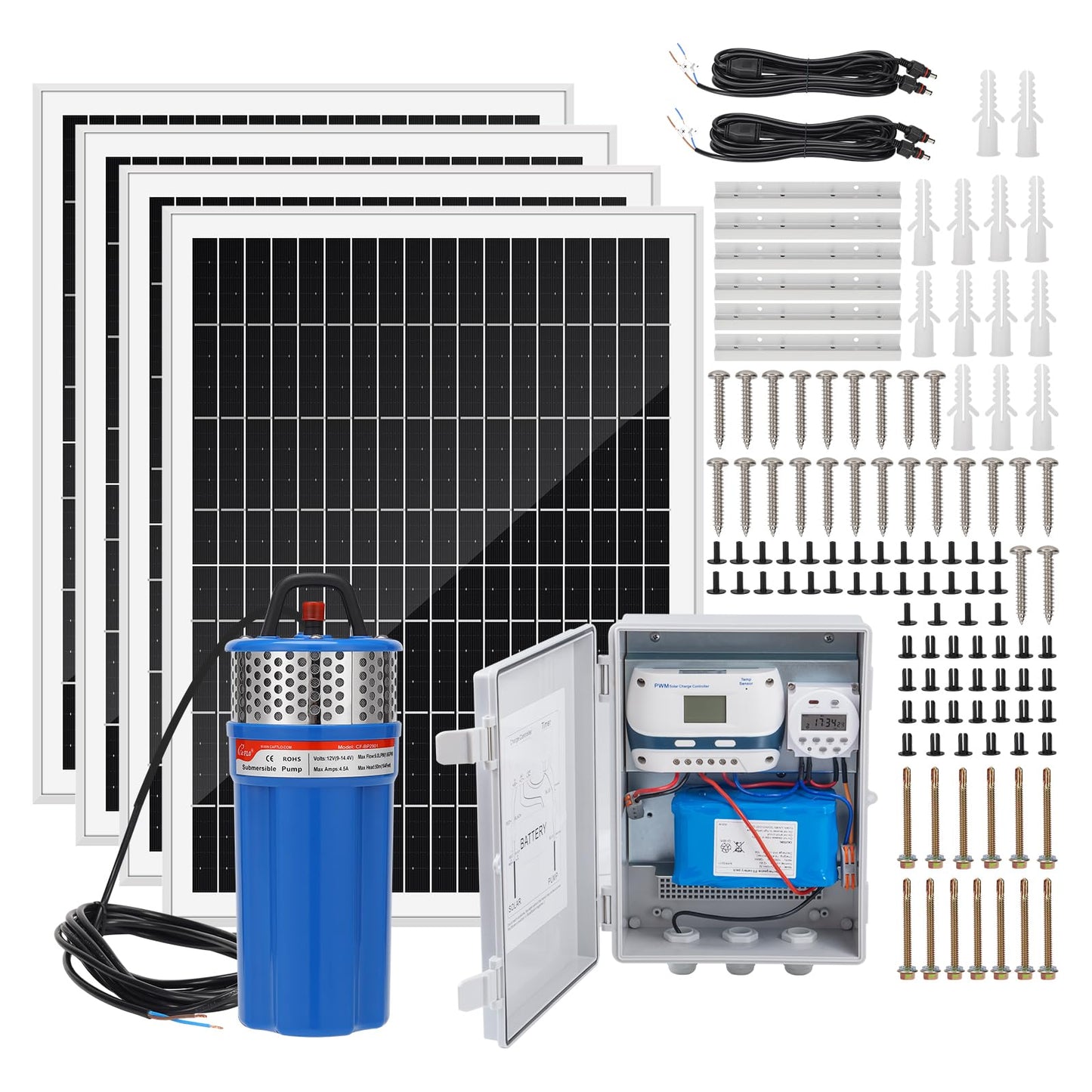 Solar Well Pump Kit with Timing Function, Submersible Pump, Four Solar Panels with Fixed Bracket, Thickened Waterproof Box with Upgraded Controller, Battery, and Timer for Well and Irrigation