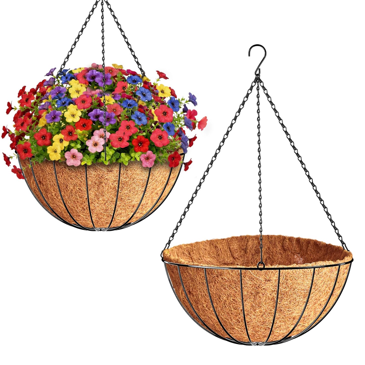 ZeeDix 2 Pack 18 Inch Large Hanging Baskets for Plants Outdoor with Coconut Liners Replacement, Hanging planters Baskets with Natural Coco Liner for Outdoor Indoor Planters Flowers Vegetables