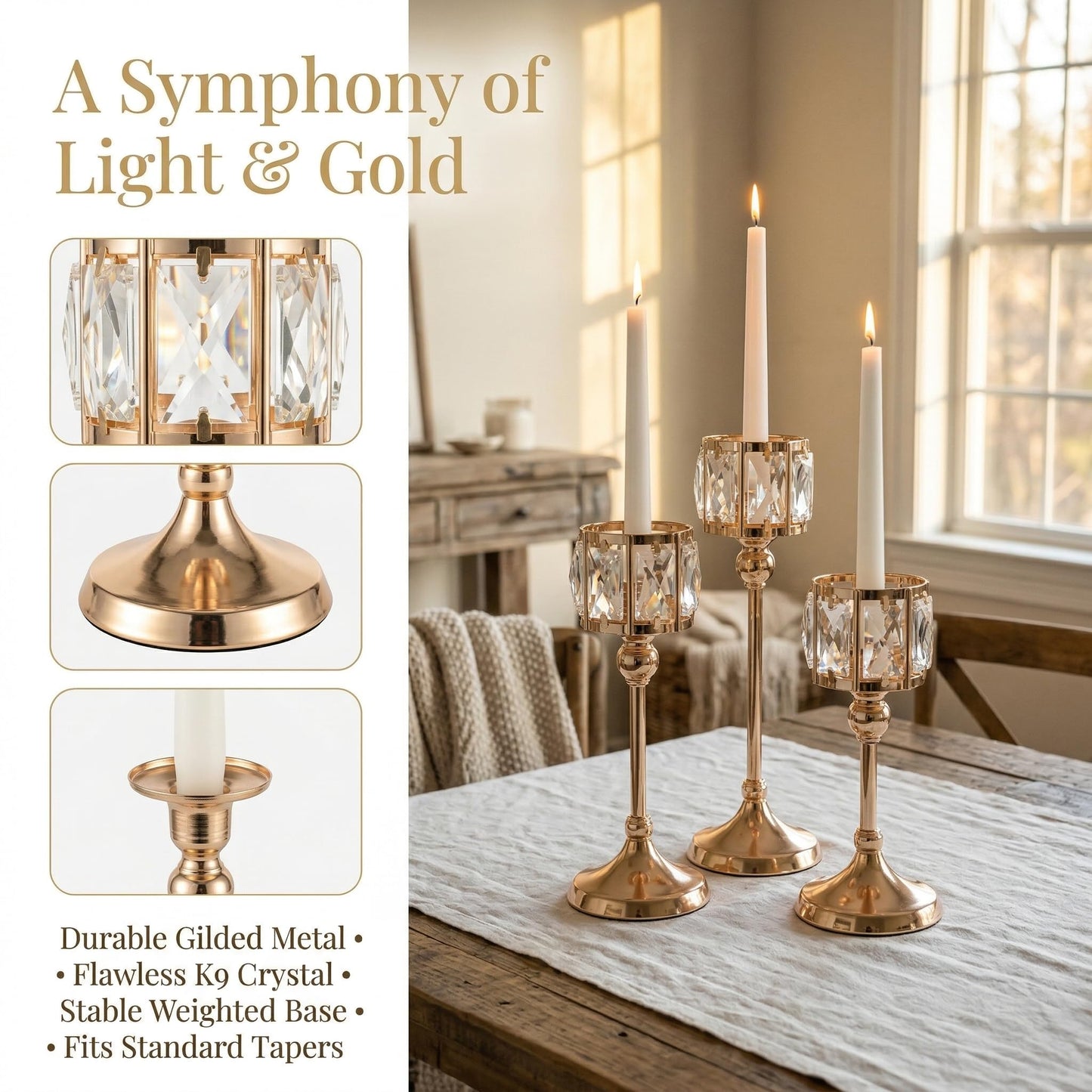 Crystal Tealight Candle Holders,Votive Candle Stands Wedding centerpieces for Tables Crystal Candlestick，Centerpiece Table Decorations (Gold, 3 Sets(9 Pcs))