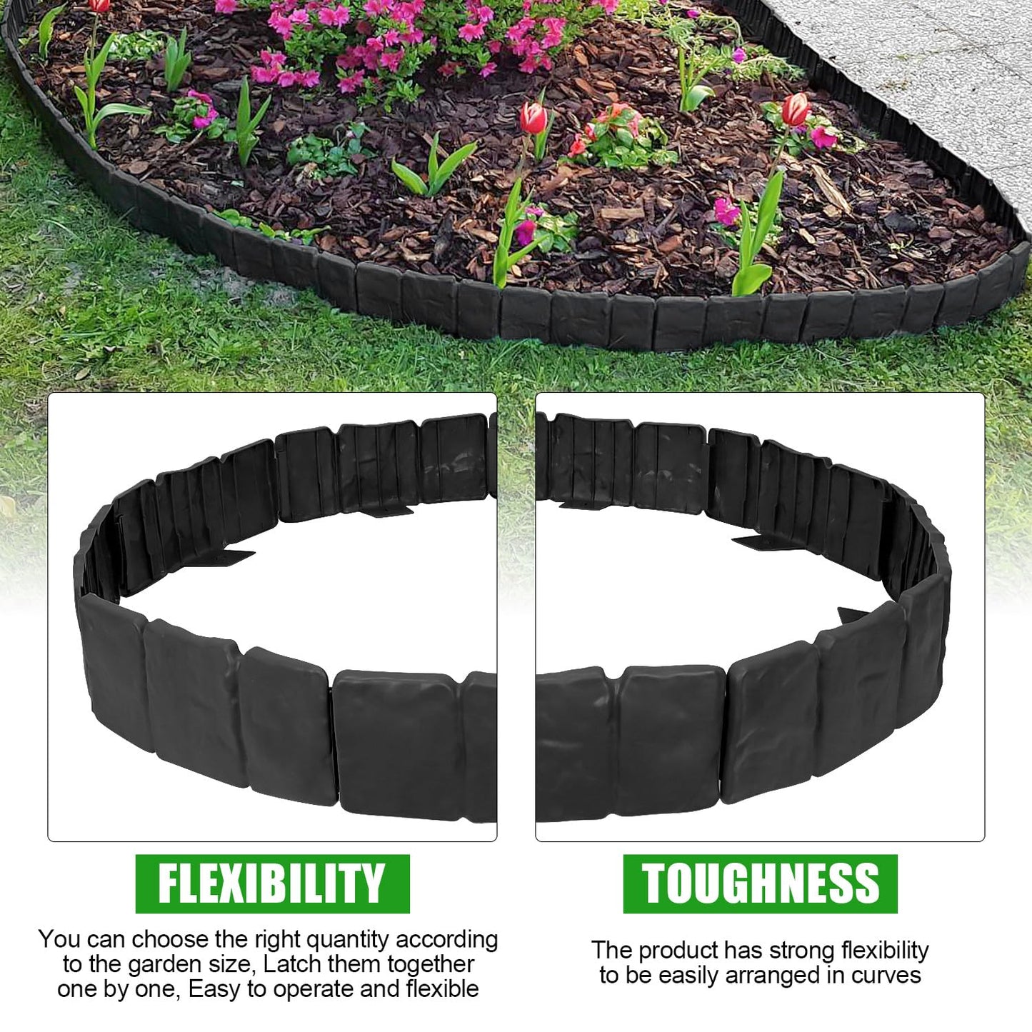 Garden Edging Border NO DIG, with Landscape Edging Anchoring Spikes, Black Stone Effect Plastic Lawn Edging Fencing, Interlocking Yard Lawn Edging for Flower Bed | 16 Ft | 20Pcs | Black |