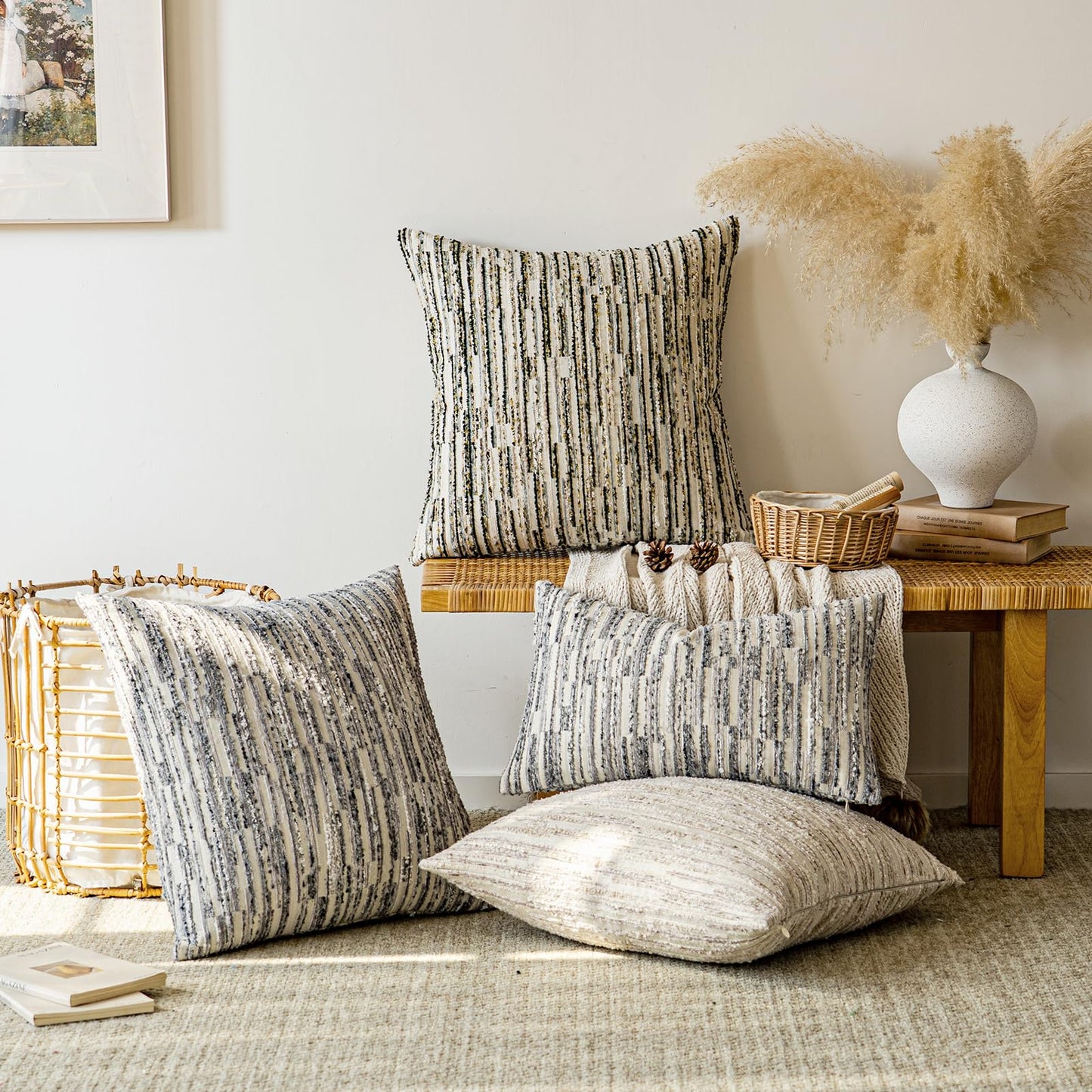 a moment Boho Throw Pillow Covers Set of 2,Striped Decorative Rustic Farmhouse Pillow Cases,Aesthetic Modern Home Decor Couch Cushion Covers for Bed Sofa Living Room 20"X20" Moss Green