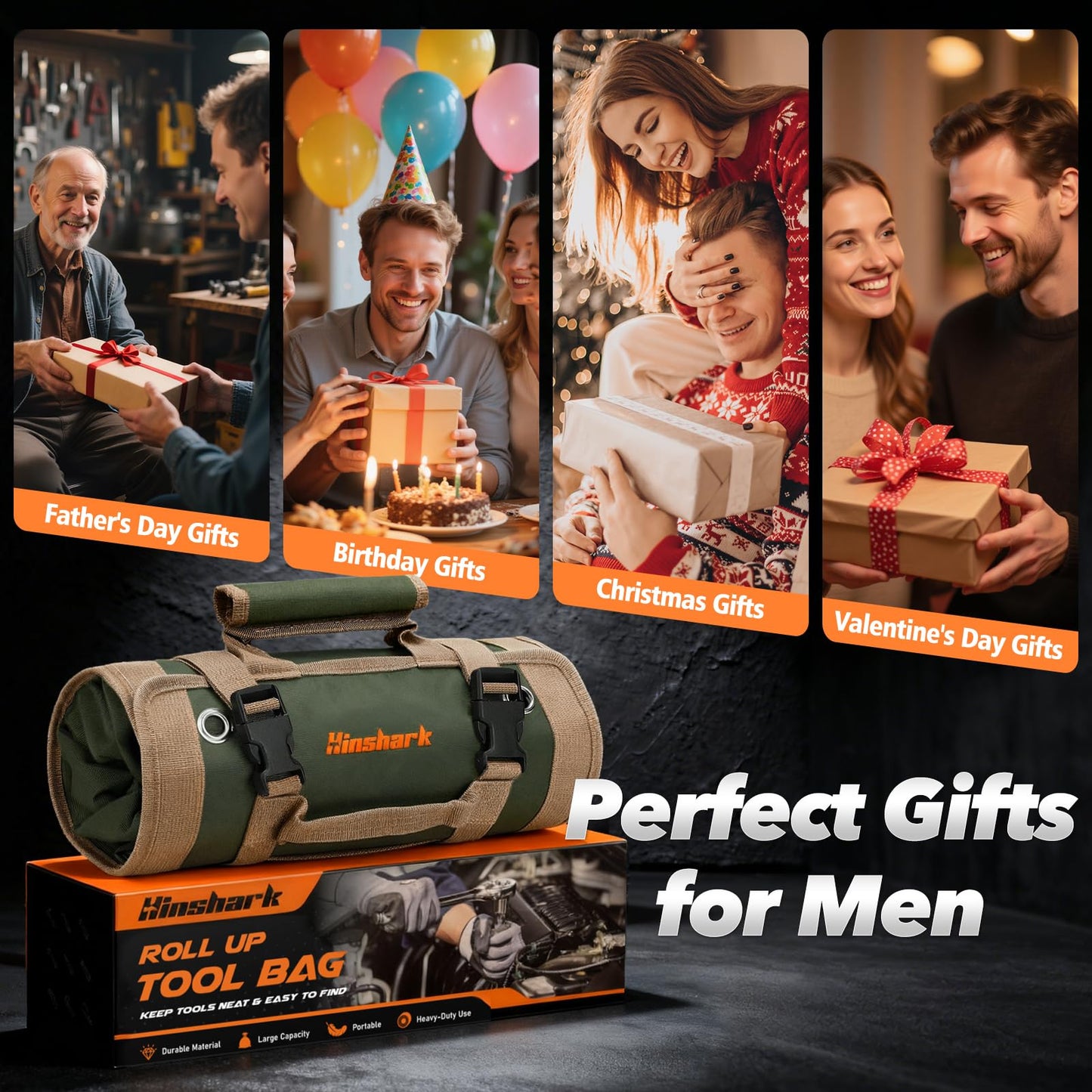 Gifts for Men, Roll Up Tool Bag, Anniversary Birthday Gifts for Men Dad Husband Him Boyfriend, Father Day Gifts for Dad Who Have Everything, Portable Tool Organization for Mechanic Welding Electrician