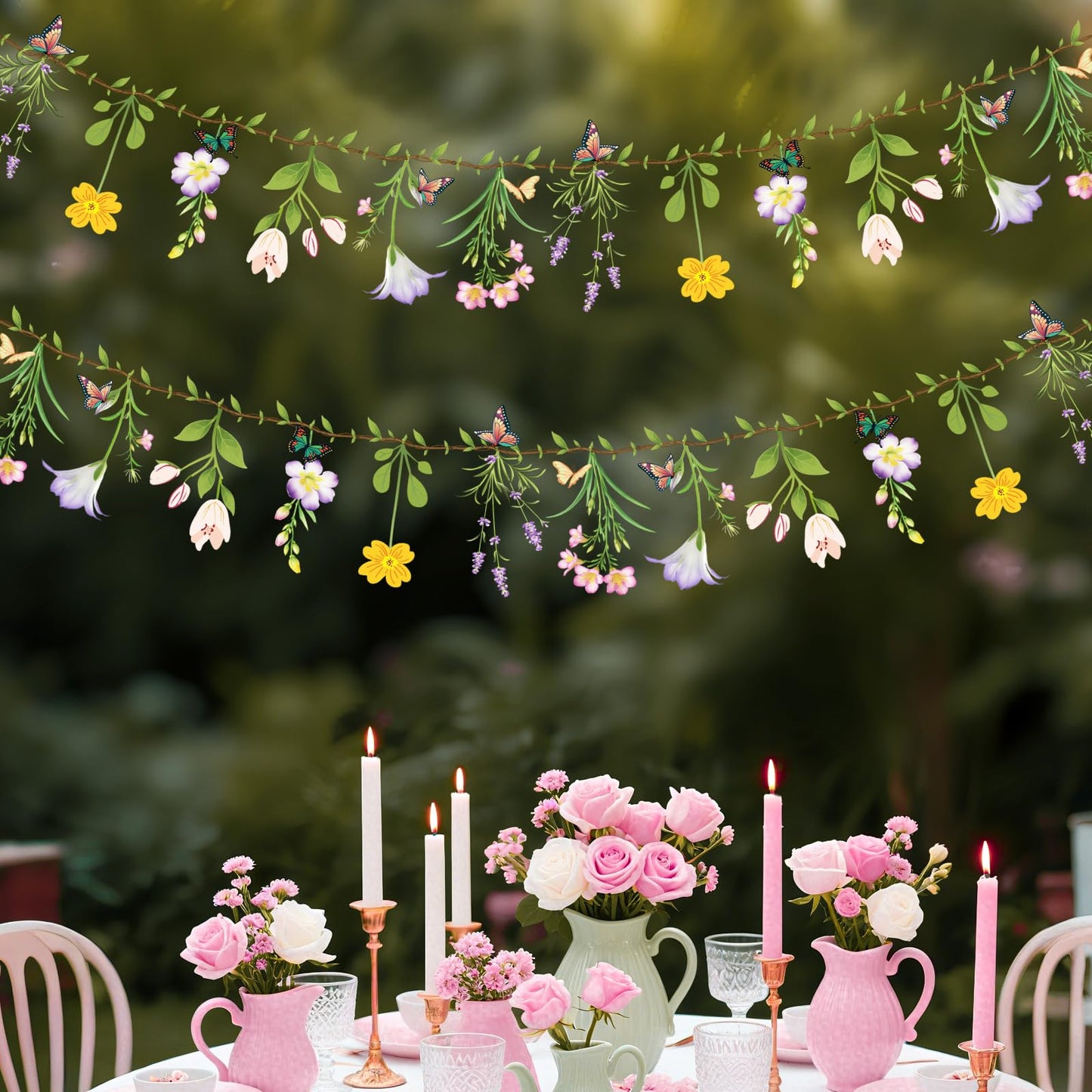 Ghegicu 2PCS Flower Banner Reusable Wildflower Garland Floral for Spring Party Enchanted Garden Theme Picnic Wedding Baby Shower Birthday Tea Party Christmas Valentine's Day Supplies Home Decorations