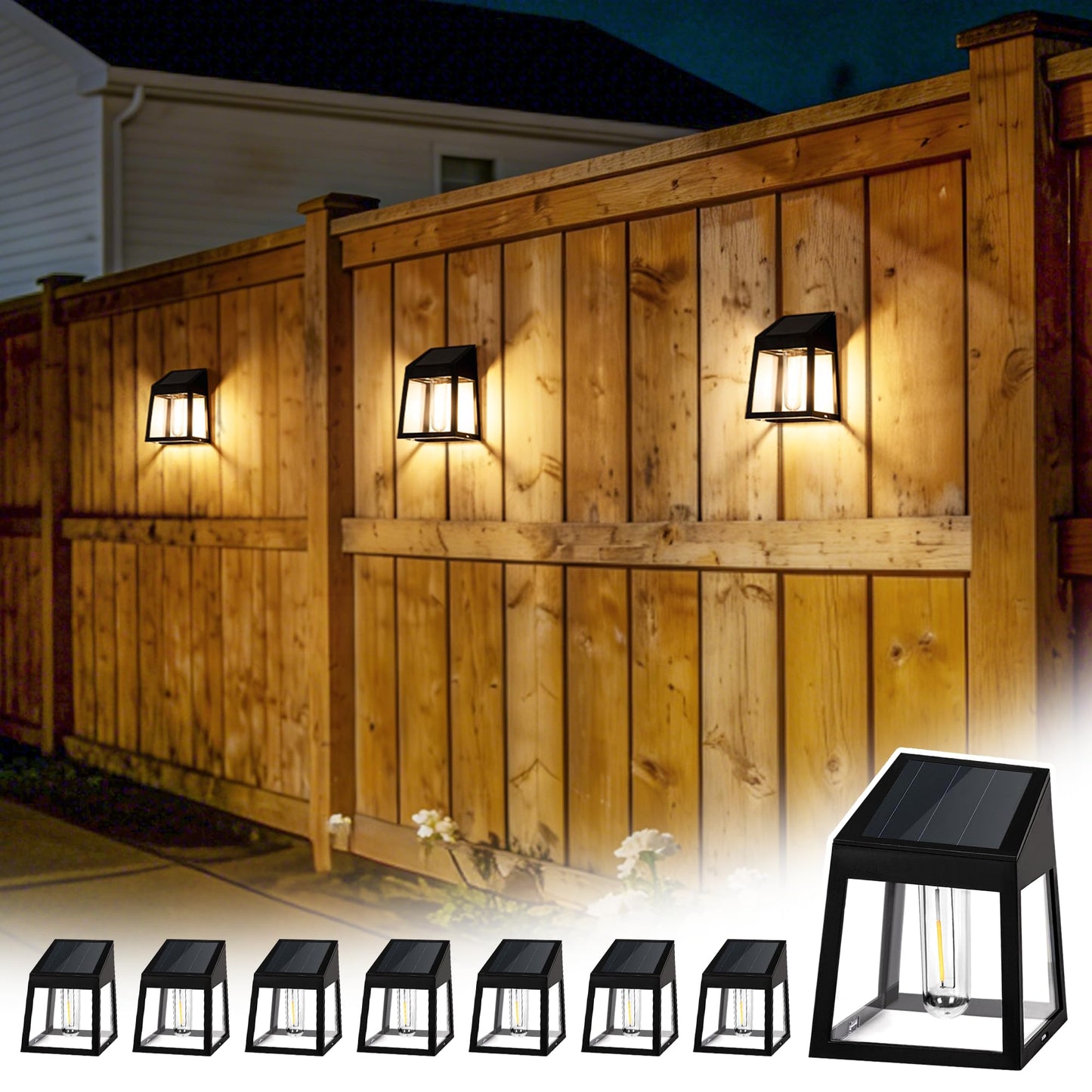 GIGALUMI Solar Fence Lights, 8 Pack Fence Outdoor Waterproof Lights Solar Powered, Warm White Yard Decorations for Garden, Post, Front Door, Backyard, Porch, Deck