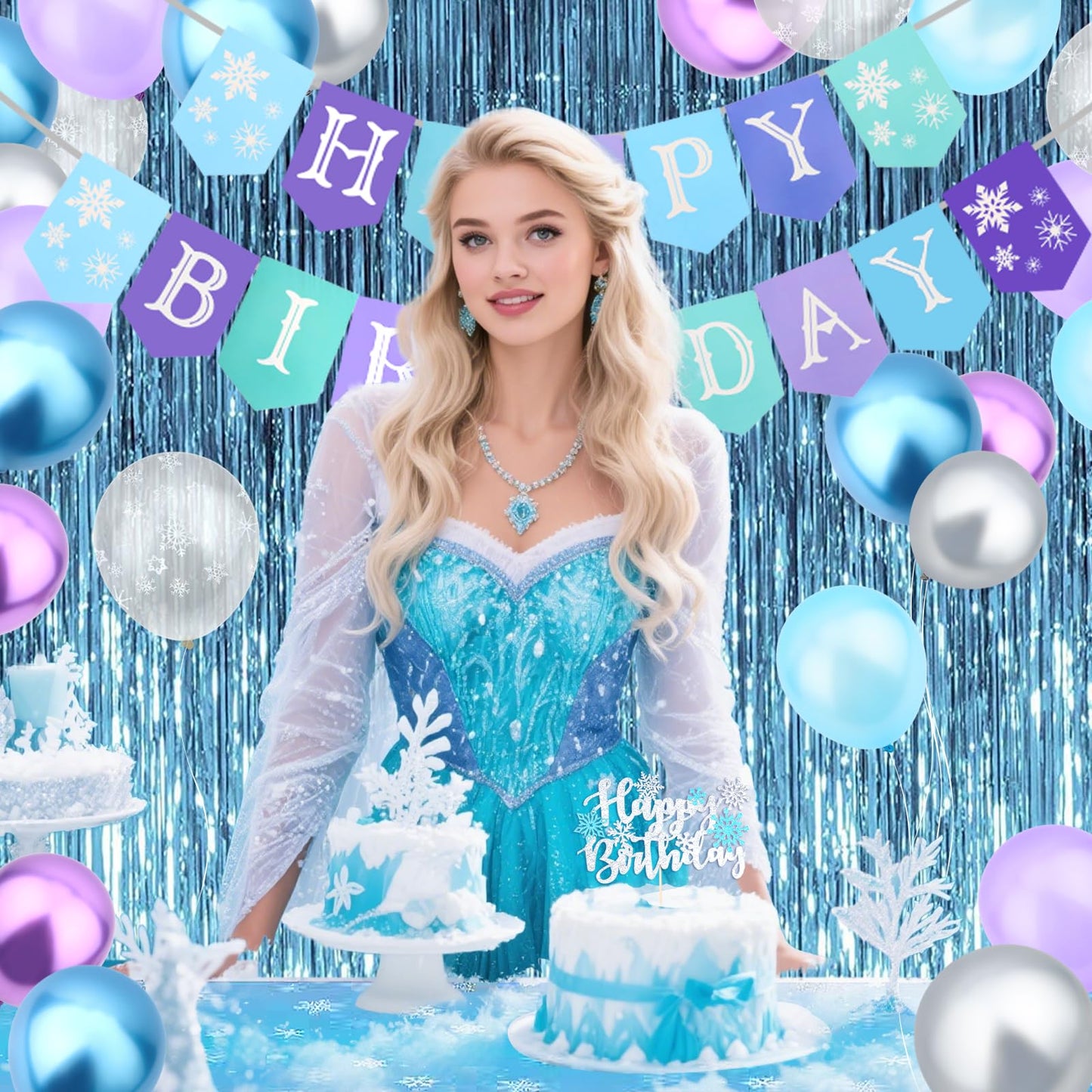 Jaciya Frozen Birthday Party Decorations Kit - Snowflake Balloons, Tablecloth, Backdrop, Cake Toppers & Happy Birthday Banner