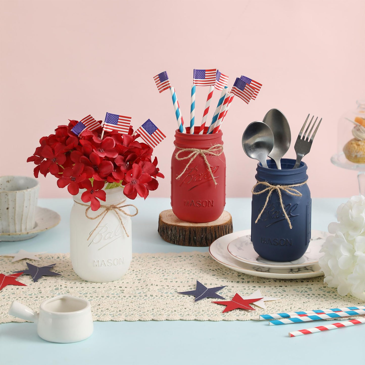 Patriotic Table Decorations, Memorial Day Decor, 250 Anniversary USA Patriotic Mason Jars with Mini American Flags, 4th of July Decorations, Red White and Blue Decor, Patriotic Themed Party Decoration