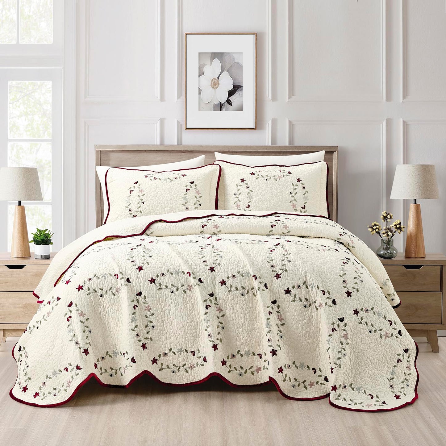 Sunshine Nicole Embroidery Quilt Set, Cotton Material and Filling, with Tranditional Embroidery Patten, 3 Pieces Queen Set, Prewashed