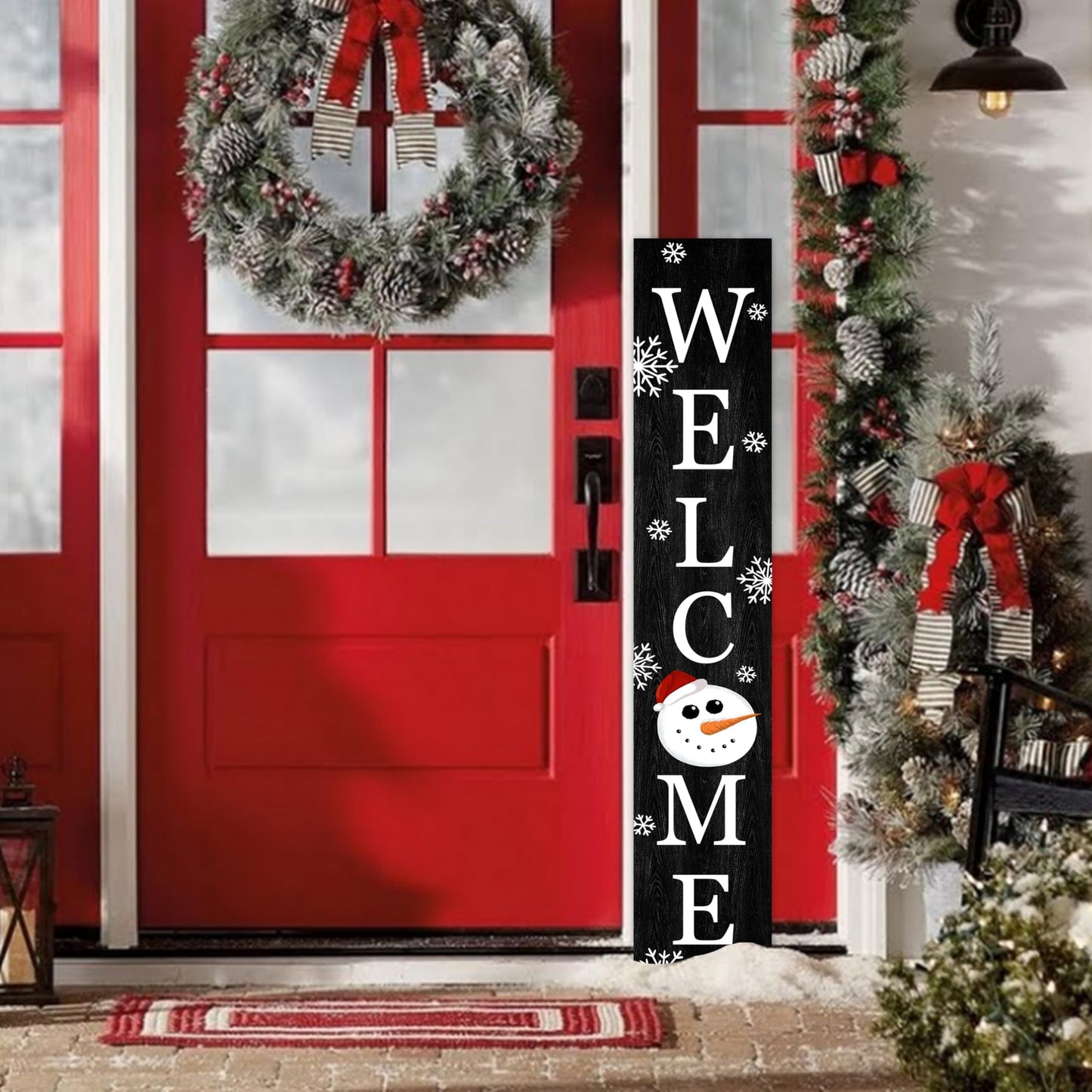 Winter Welcome Sign Vertical Porch Sign with Snowman and Snowflakes Black Wood Outdoor Christmas Holiday Decor for Home Outdoor Yard Party