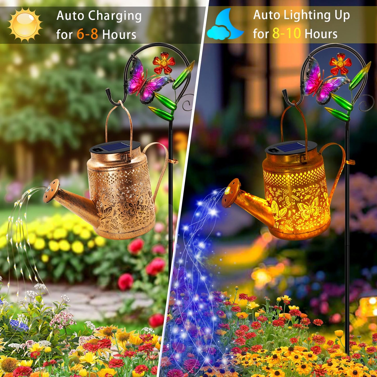 ANGMLN Butterfly Solar Lights Outdoor Waterproof, Solar Watering Can Lights with Shepherd Hook, Metal Hanging Lantern Garden Decor Yard Outside Patio Lawn, Gifts for Mom Grandma Women Birthday