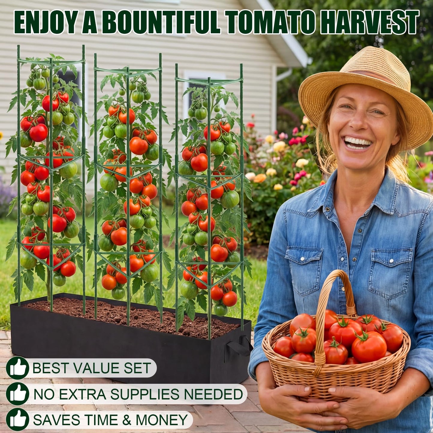 BobbleT 3 Pack Heavy Duty Tomato Cages with 57 Gallon Grow Bag, 48" Adjustable Tomato Trellis for Raised Garden Bed, Sturdy Triangle Plant Support for Climbing Vegetables, Cucumbers & Garden Plants