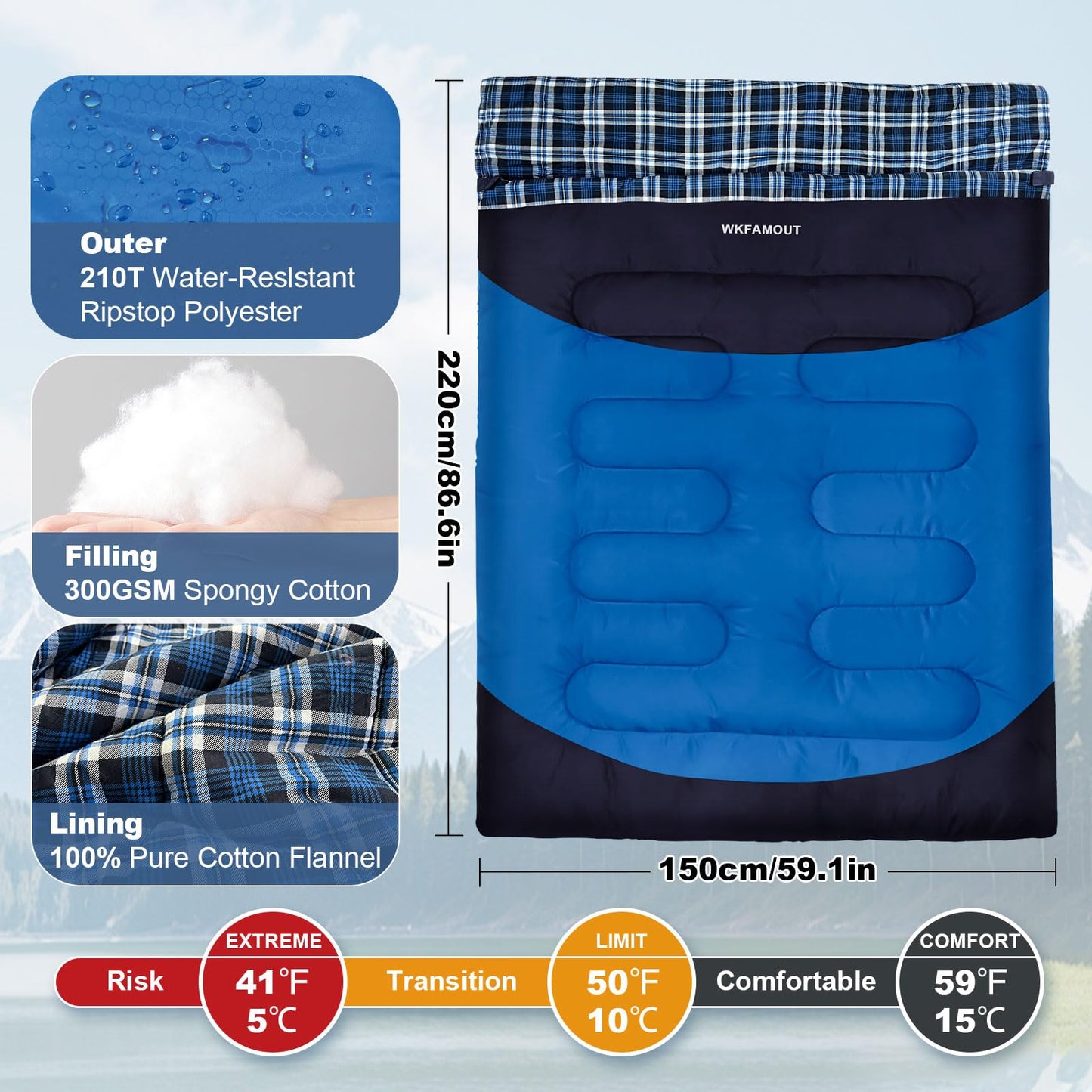 WKFAMOUT Cotton Flannel Double Sleeping Bag for Adults Machine Washable 2 Person Camping Sleeping Bag Queen Size Waterproof with Compression Sack for Cold Weather 3-4 Seasons