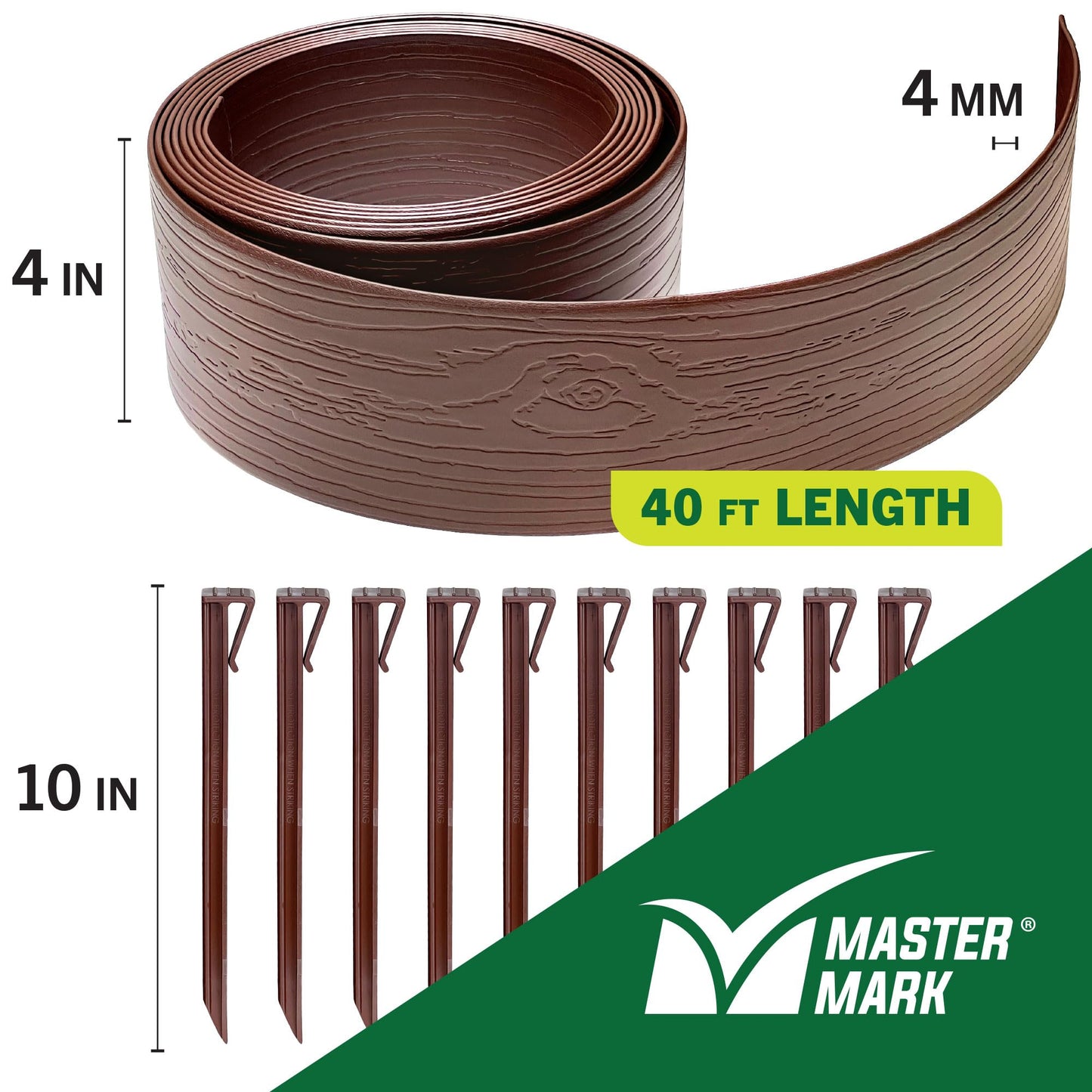 Master Mark Landscape Edging Coil (Terrace Board), 40 ft. x 4 in. Tall, Plastic Garden Edging Border with 10 Stakes, Brown