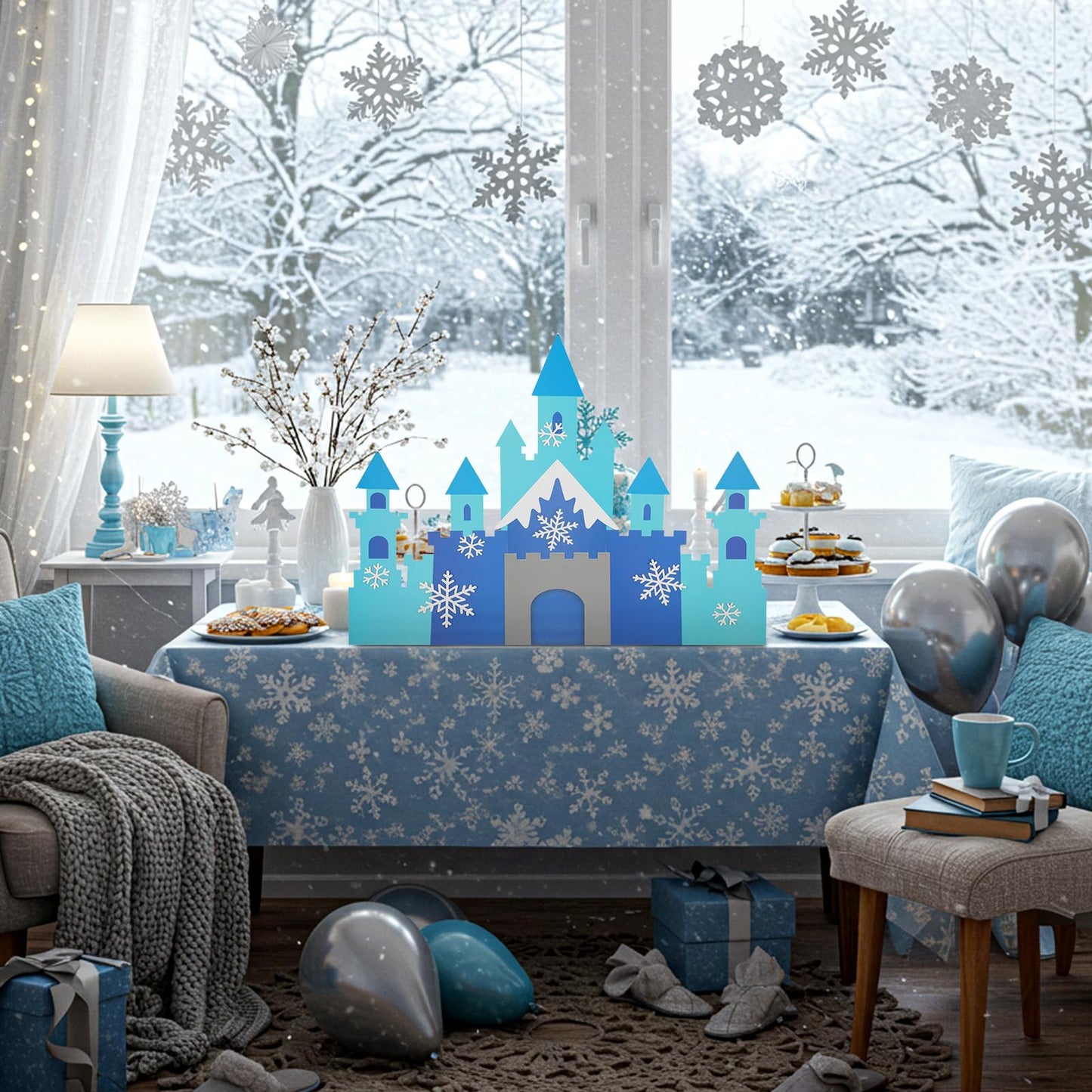 Harloon 19.7 x 23.6 Inch Snowflake Castle Table Centerpiece Glitter Winter Themed Party Table Decorations for Princess Snowflake Themed Winter Birthday Party Supplies